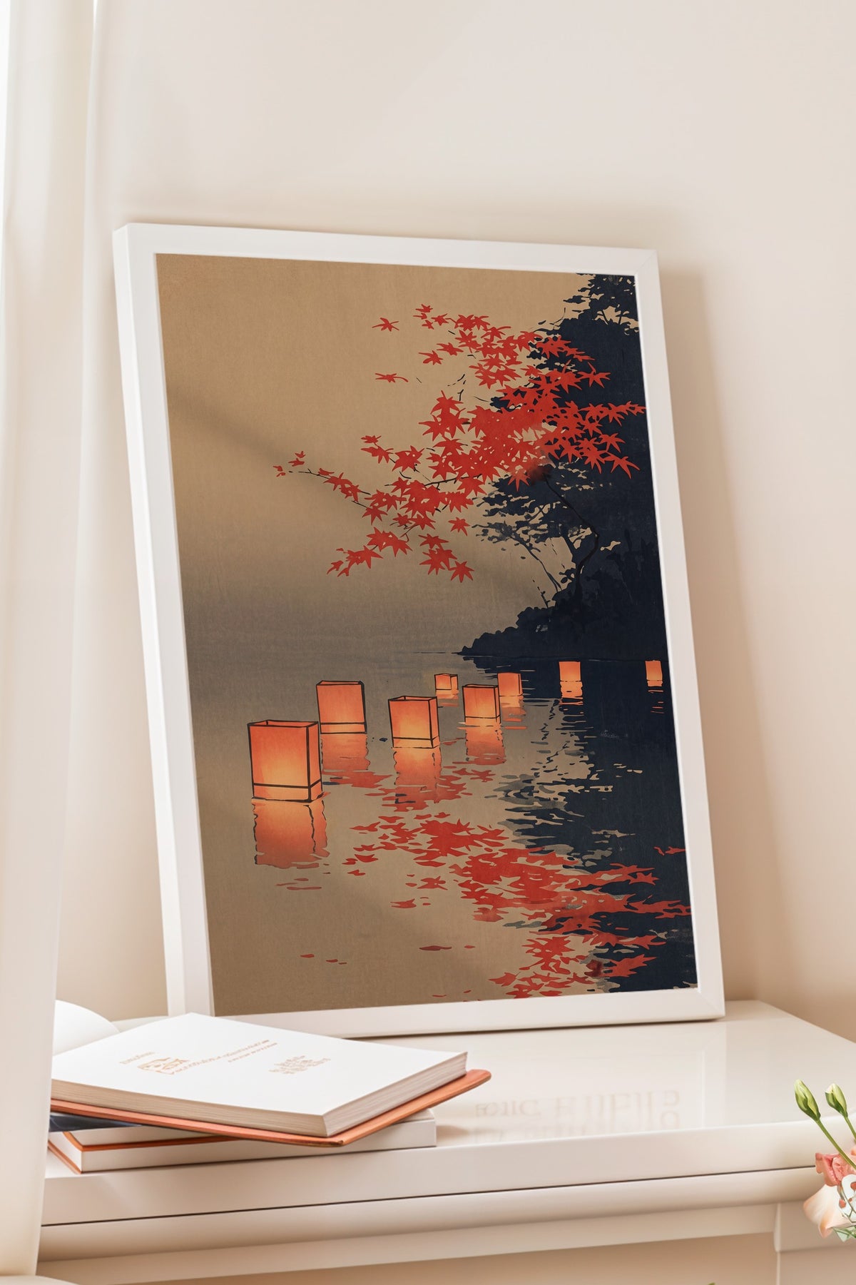 Su Üzerinde Işıklı Fenerler Poster – Beyaz Çerçeveli Tablo
