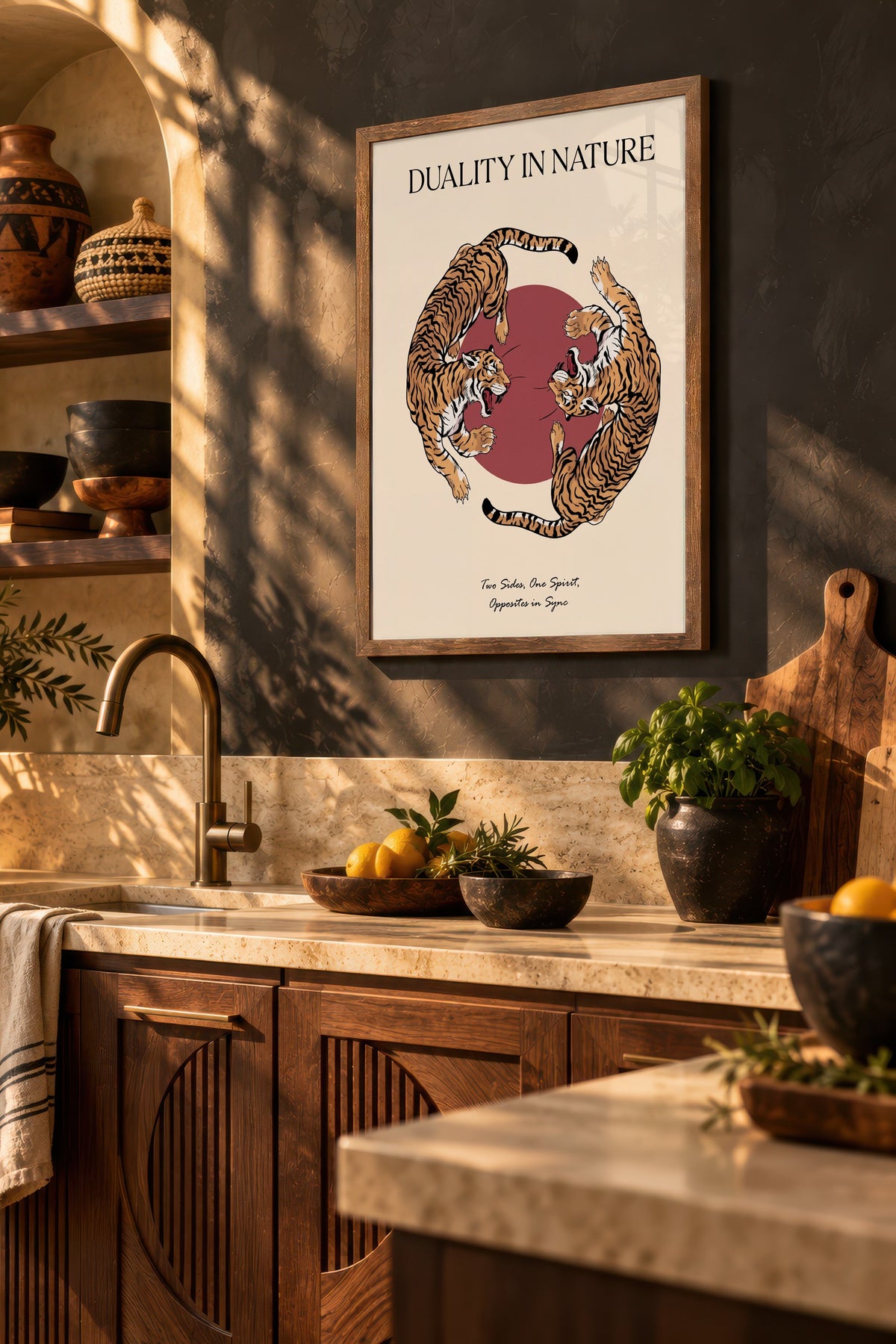 Yin Yang Kaplanlar Poster – Kahverengi Çerçeveli Tablo
