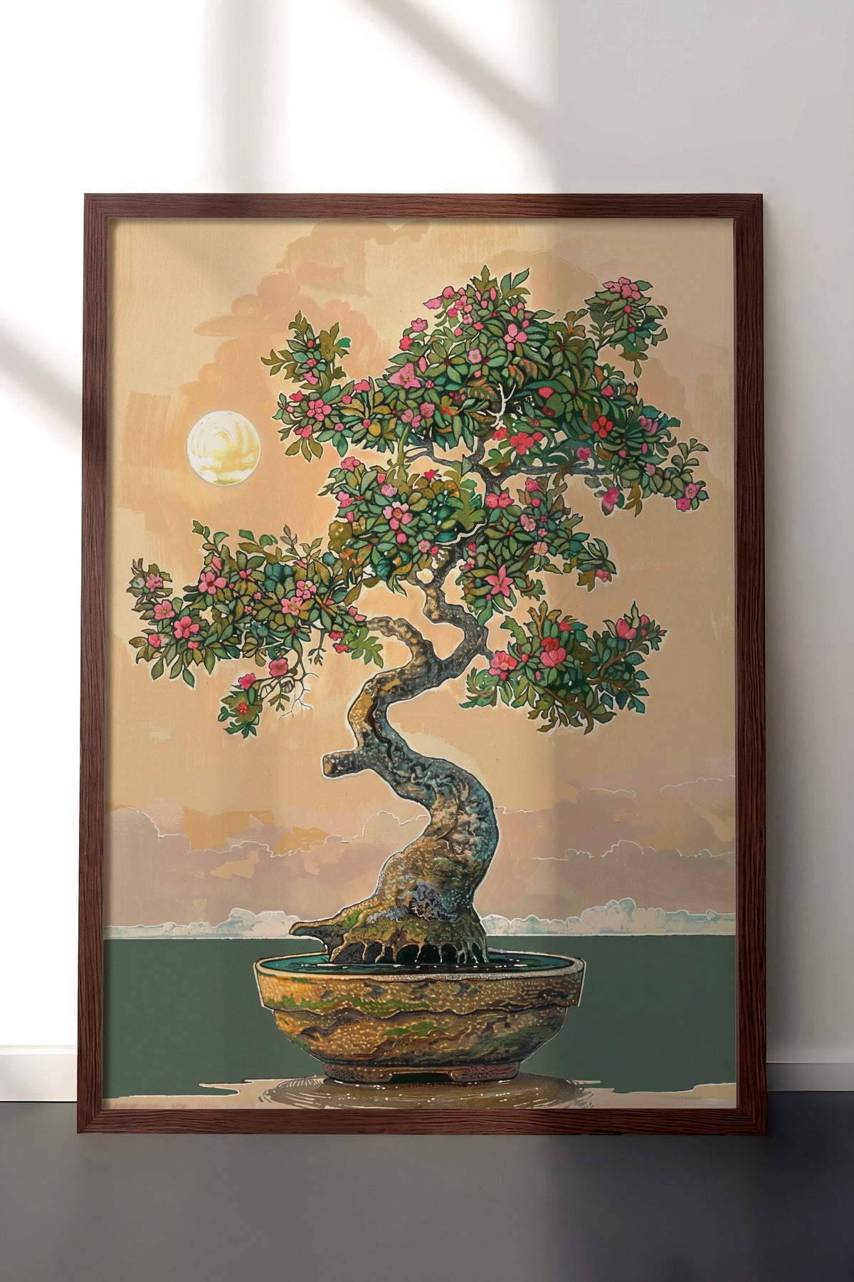 Ay Işığında Bonsai Poster – Kahverengi Çerçeveli Tablo
