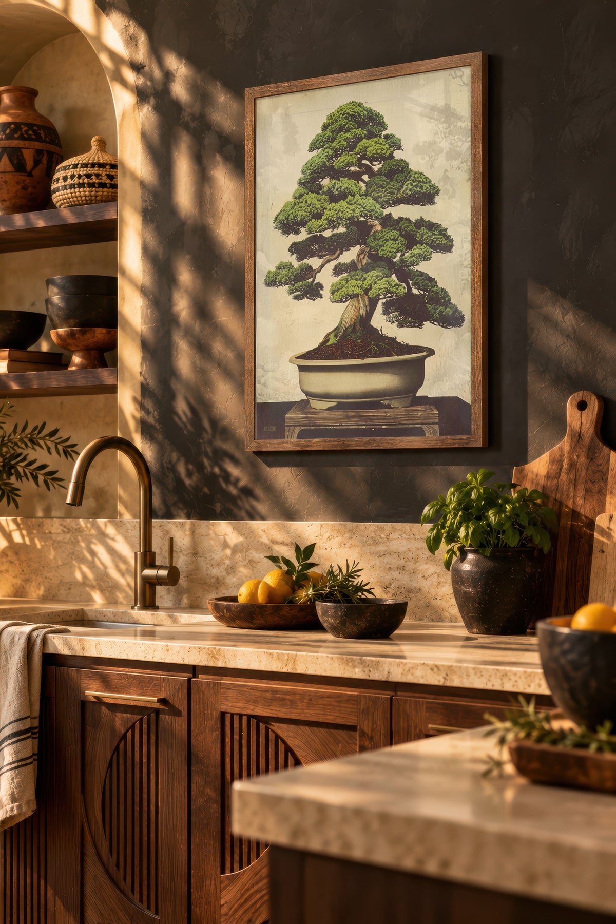 Geleneksel Çam Bonsai Sanatı Poster – Kahverengi Çerçeveli Tablo