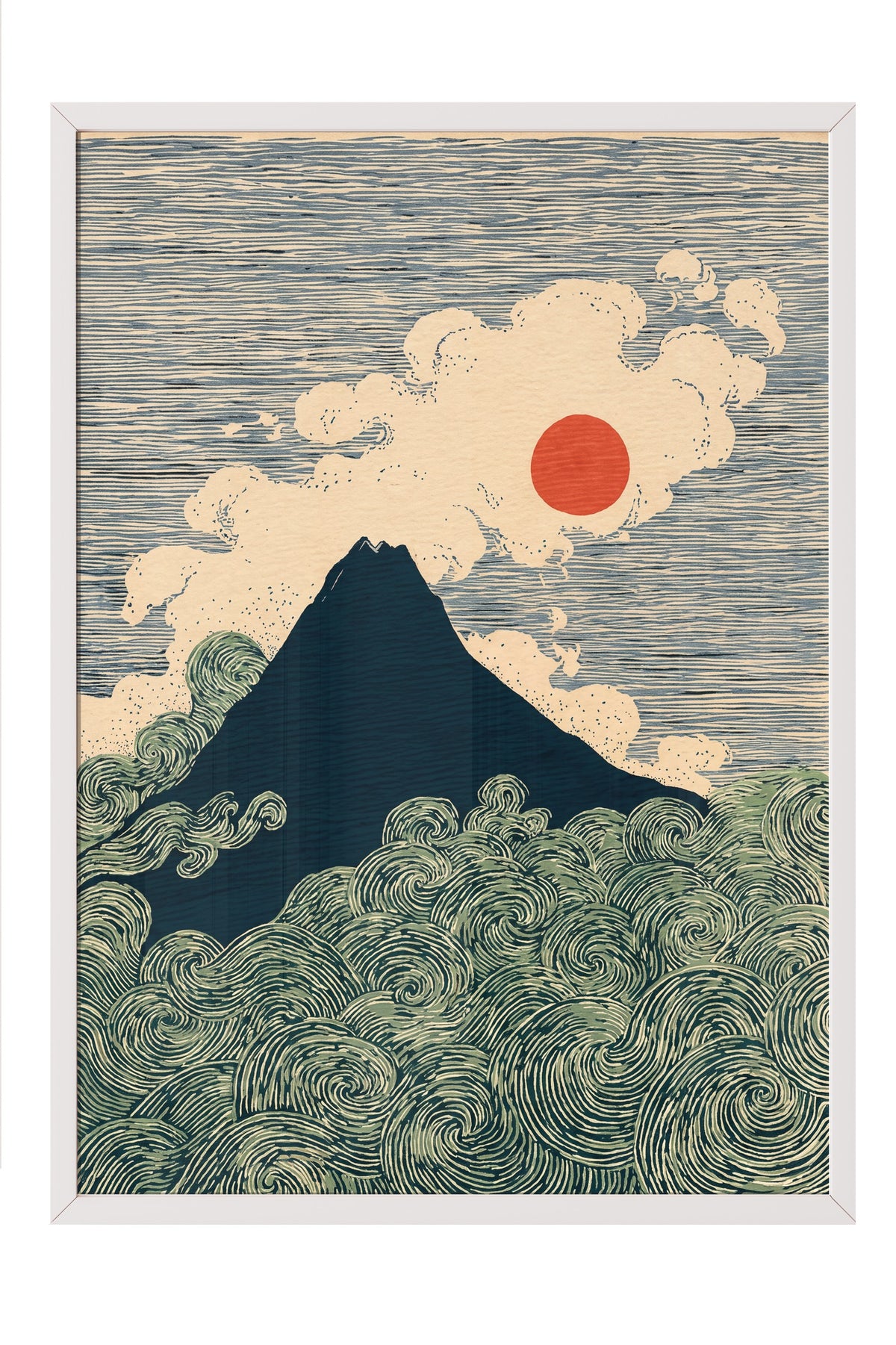 Fuji Dağı ve Dalgalar Poster – Beyaz Çerçeveli Tablo