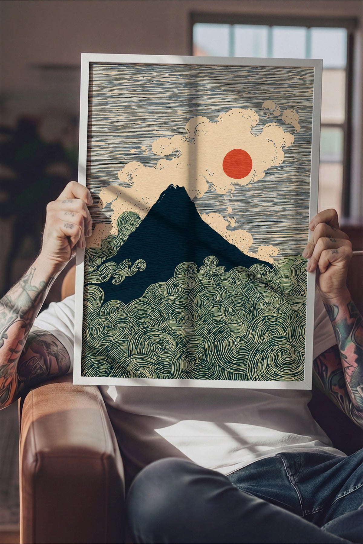 Fuji Dağı ve Dalgalar Poster – Beyaz Çerçeveli Tablo