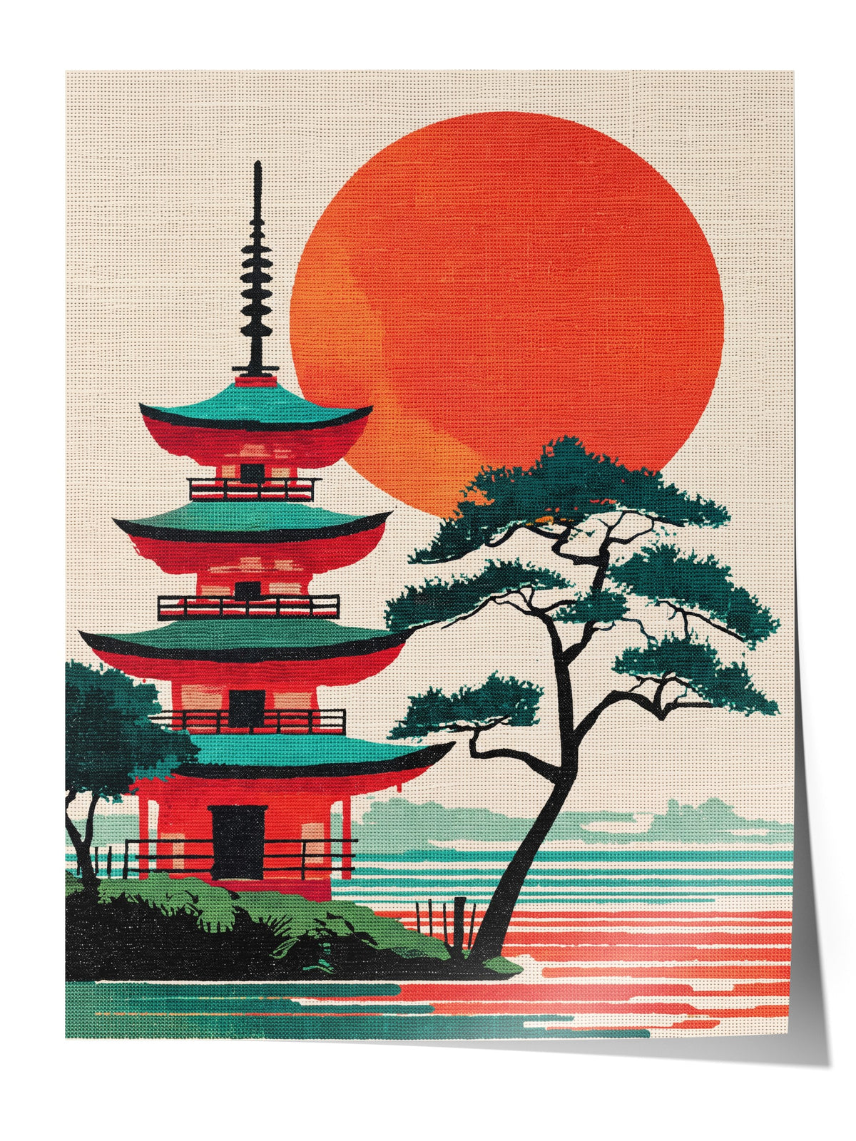 Kızıl Güneşli Pagoda Manzarası Çerçevesiz Poster