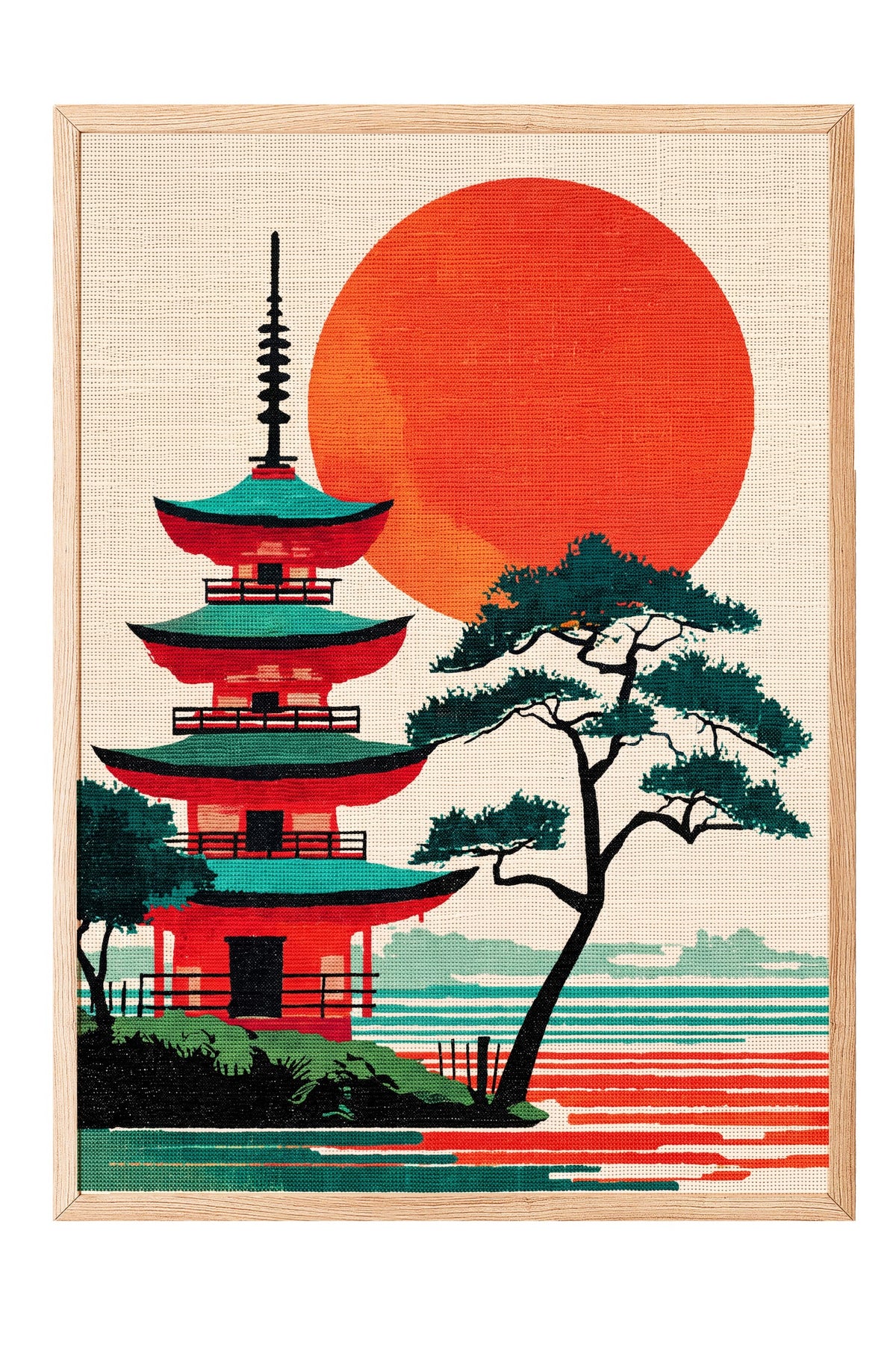 Kızıl Güneşli Pagoda Manzarası Poster – Ahşap Çerçeveli Tablo