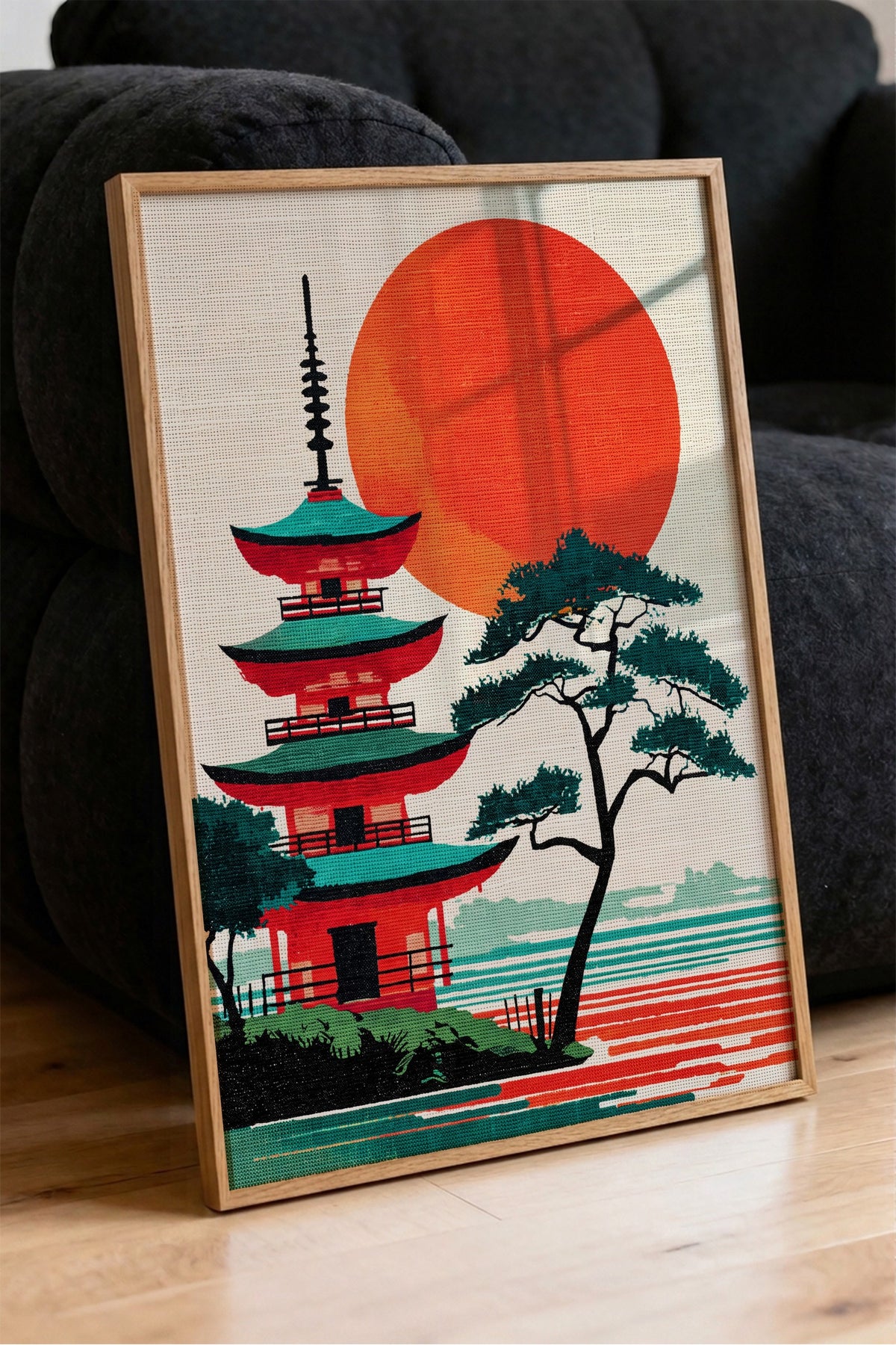 Kızıl Güneşli Pagoda Manzarası Poster – Ahşap Çerçeveli Tablo
