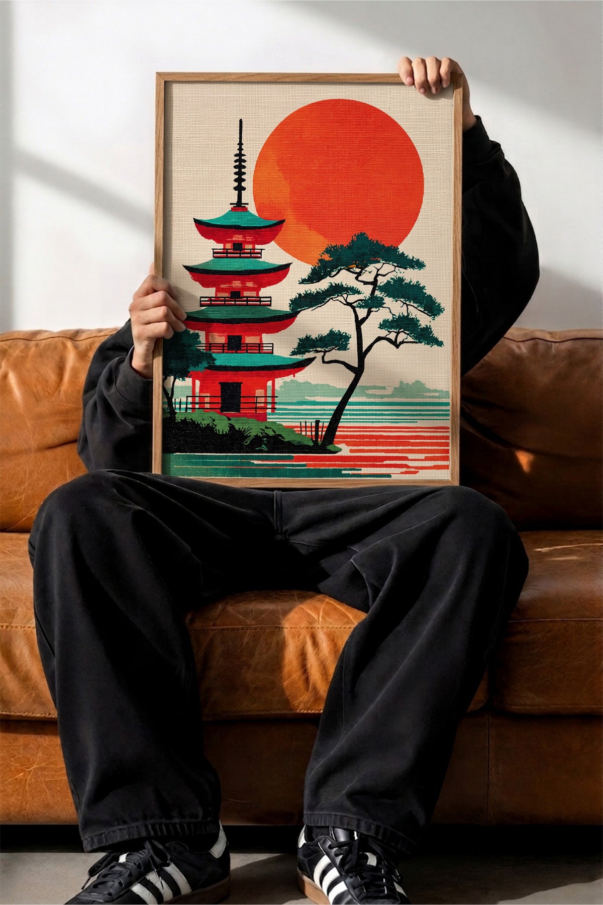 Kızıl Güneşli Pagoda Manzarası Poster – Ahşap Çerçeveli Tablo