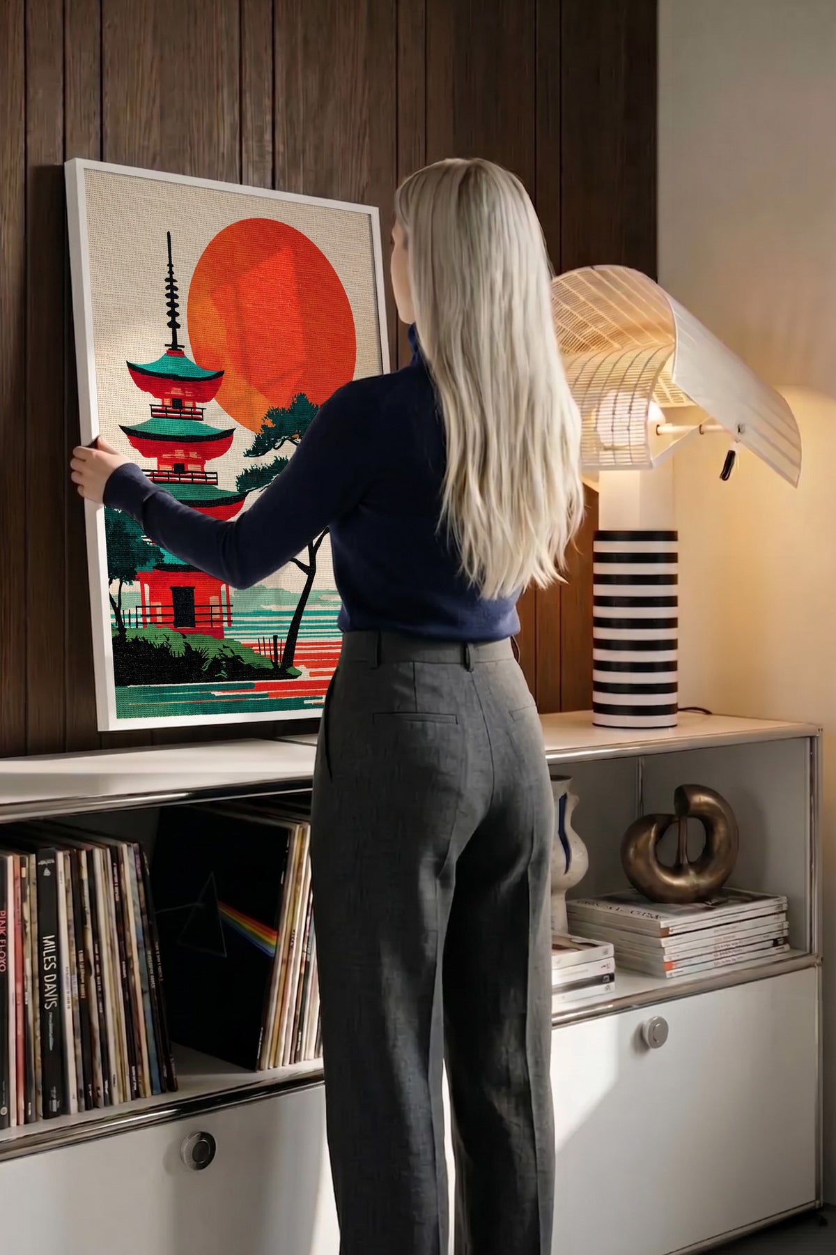 Kızıl Güneşli Pagoda Manzarası Poster – Beyaz Çerçeveli Tablo