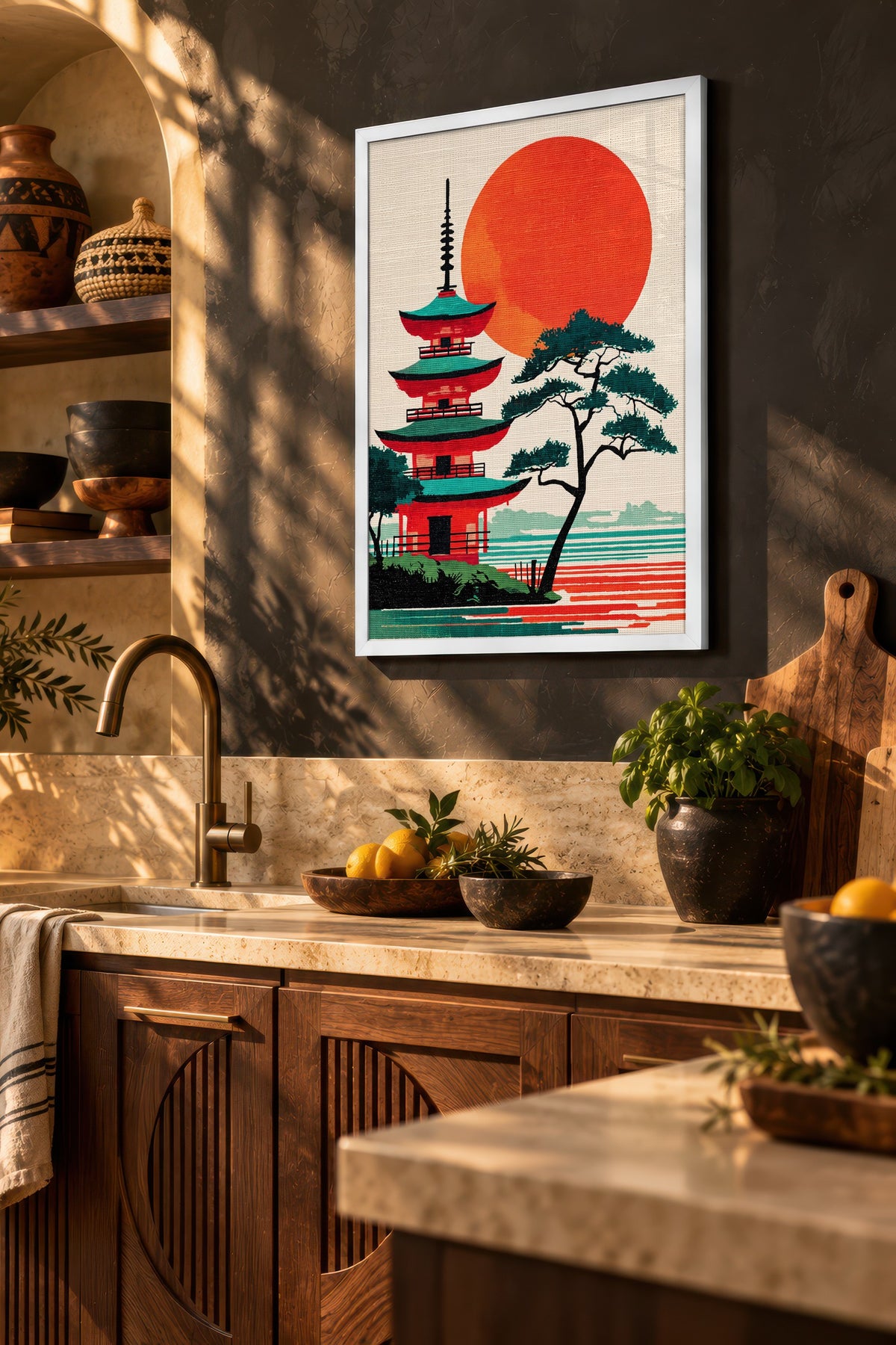 Kızıl Güneşli Pagoda Manzarası Poster – Beyaz Çerçeveli Tablo