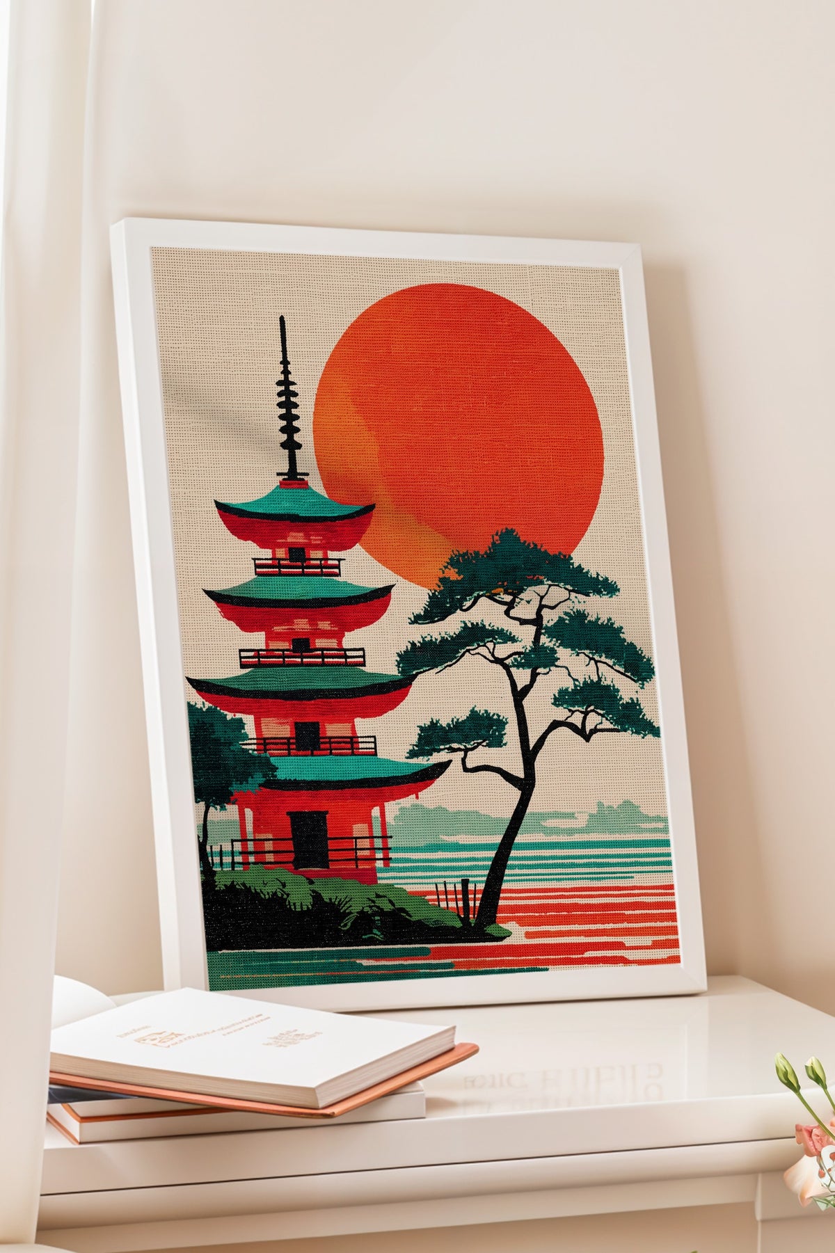 Kızıl Güneşli Pagoda Manzarası Poster – Beyaz Çerçeveli Tablo