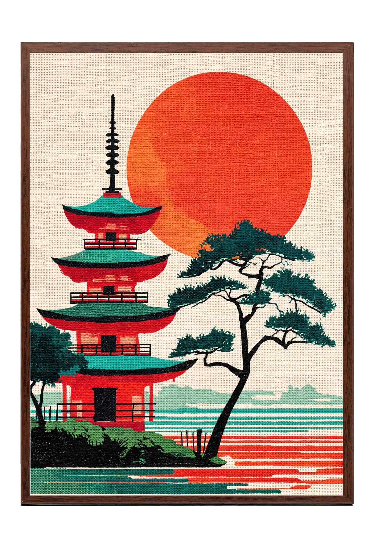 Kızıl Güneşli Pagoda Manzarası Poster – Kahverengi Çerçeveli Tablo