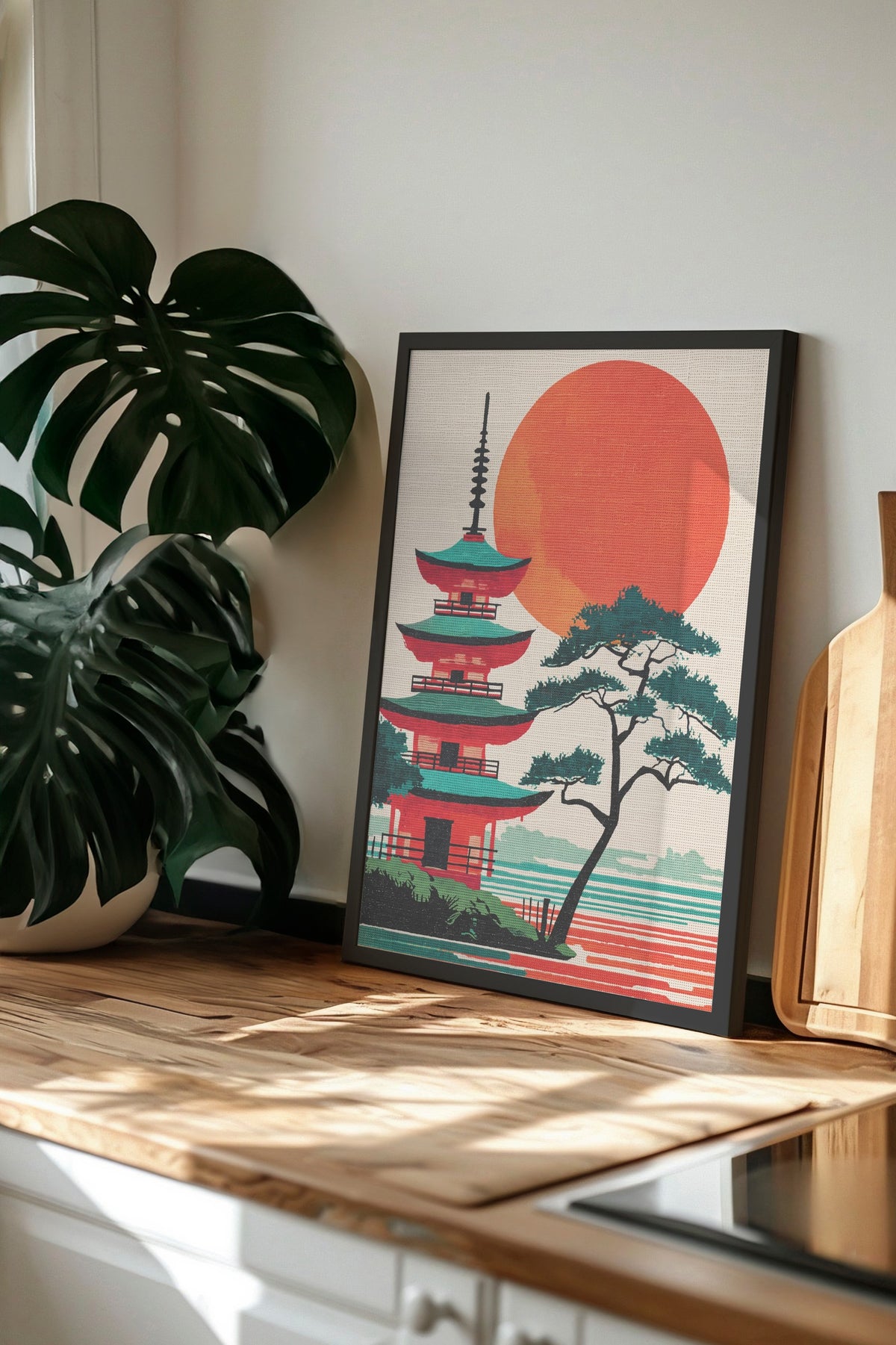 Kızıl Güneşli Pagoda Manzarası Poster – Siyah Çerçeveli Tablo