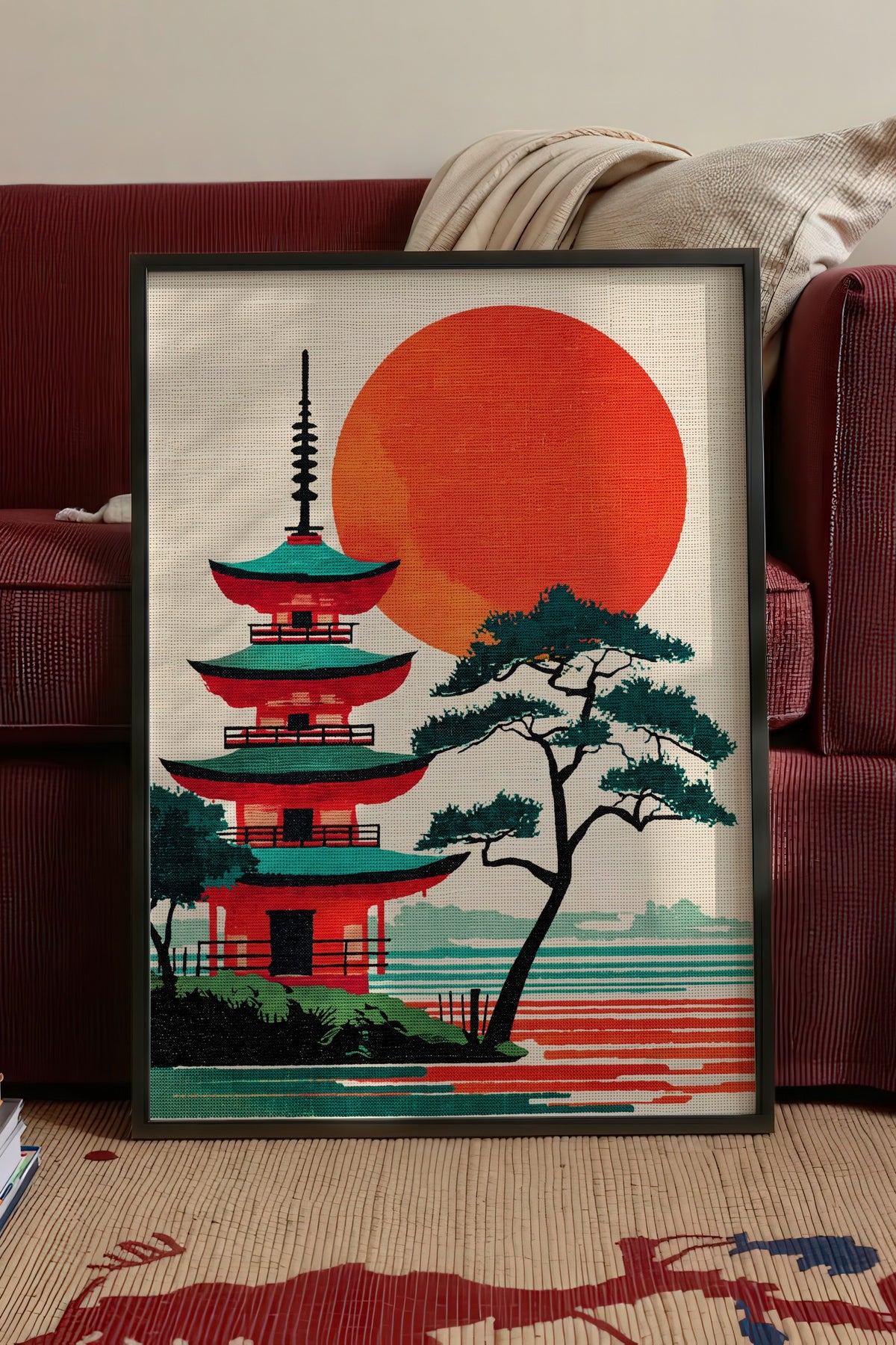 Kızıl Güneşli Pagoda Manzarası Poster – Siyah Çerçeveli Tablo