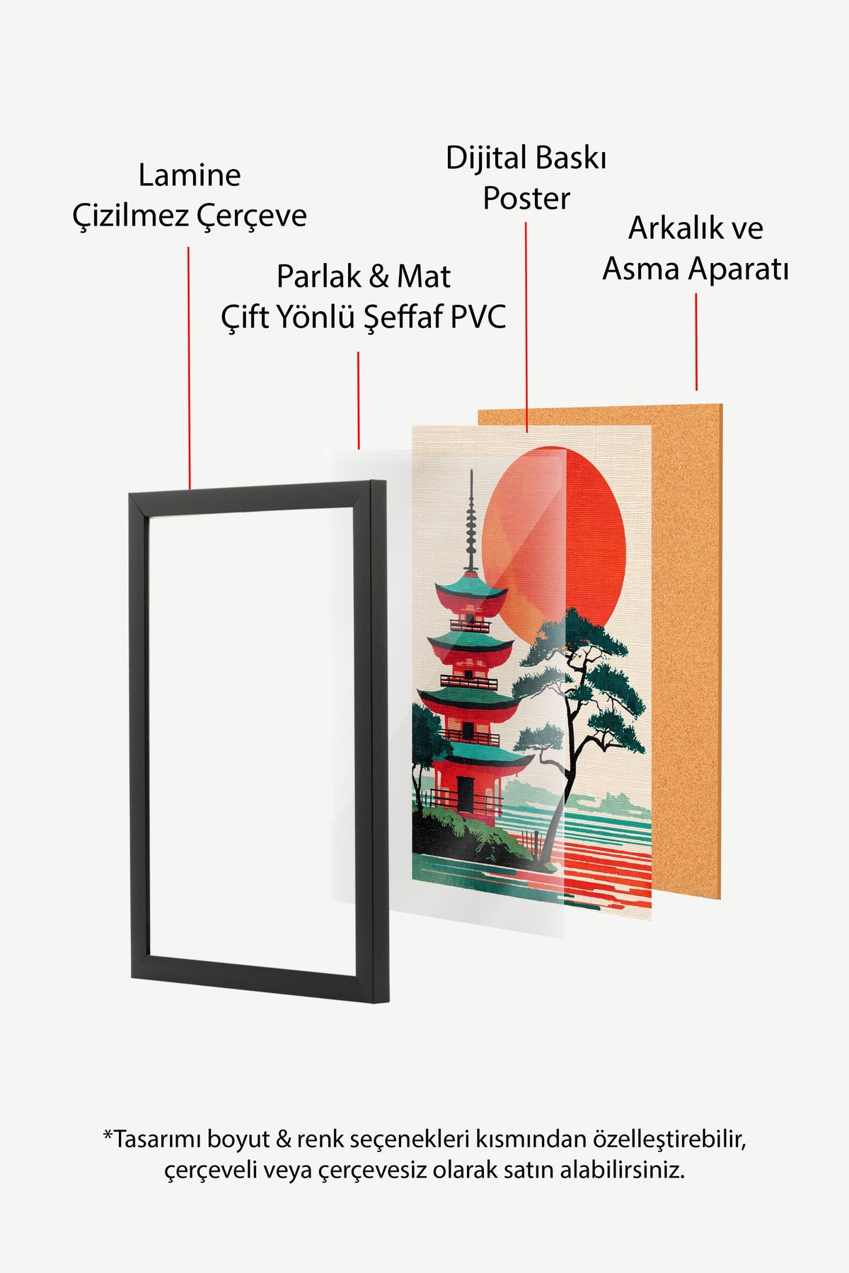 Kızıl Güneşli Pagoda Manzarası Poster – Siyah Çerçeveli Tablo
