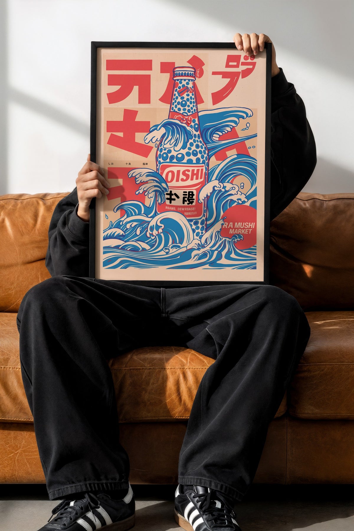 Dalgalı Oishi Şişesi Poster – Siyah Çerçeveli Tablo
