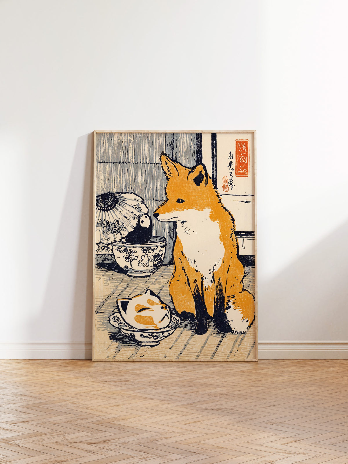 Tilki ve Panda Bebek Figürü Poster – Ahşap Çerçeveli Tablo