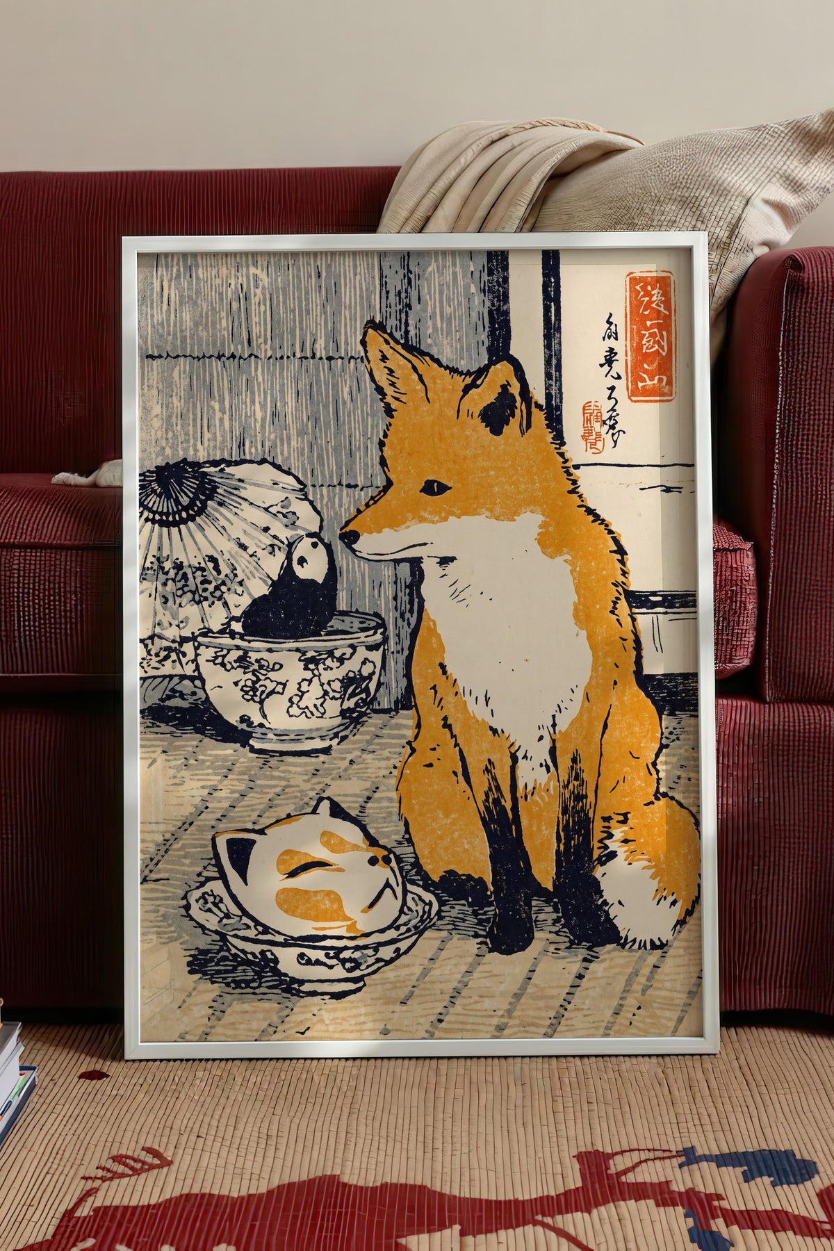 Tilki ve Panda Bebek Figürü Poster – Beyaz Çerçeveli Tablo