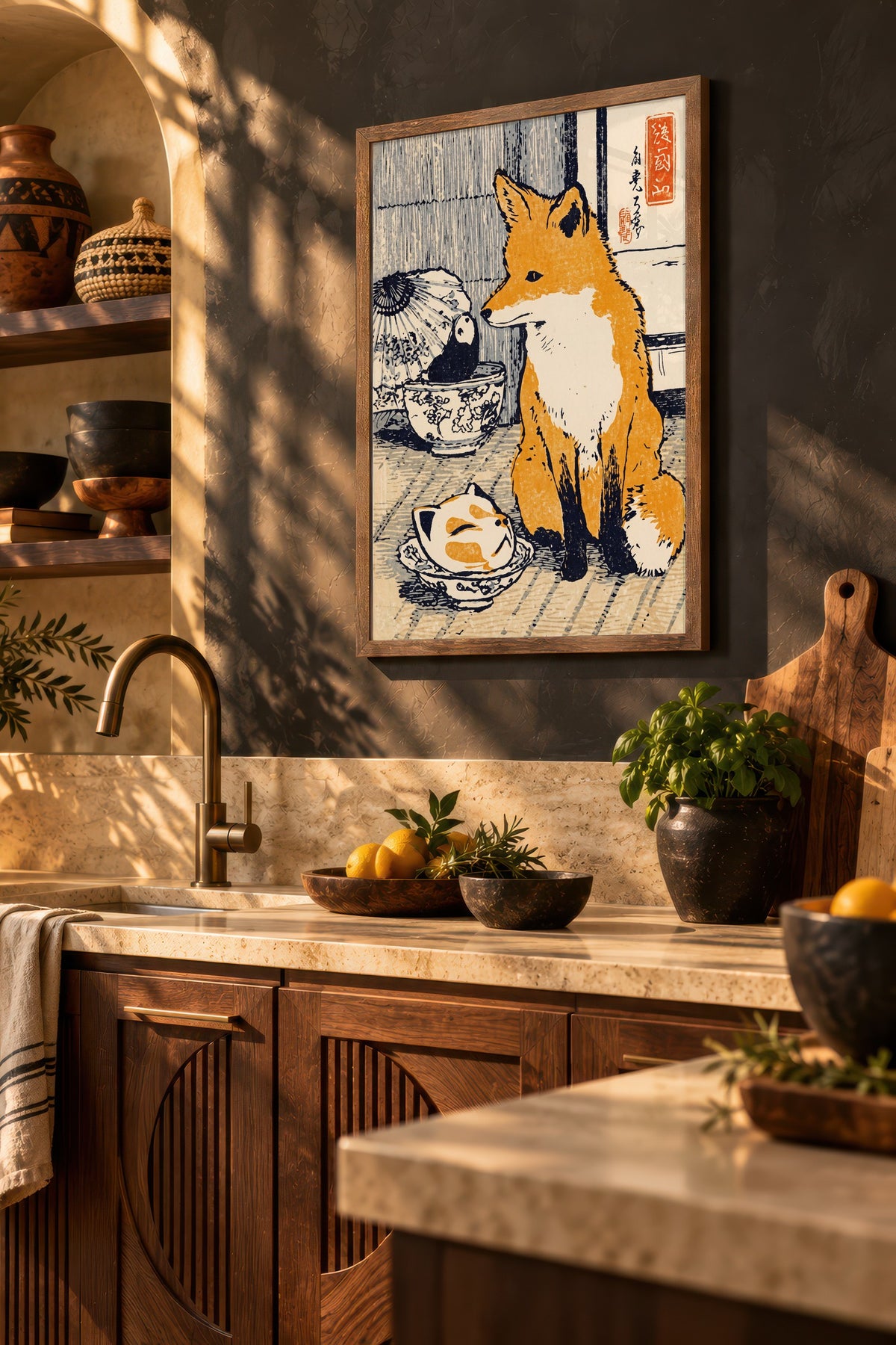 Tilki ve Panda Bebek Figürü Poster – Kahverengi Çerçeveli Tablo