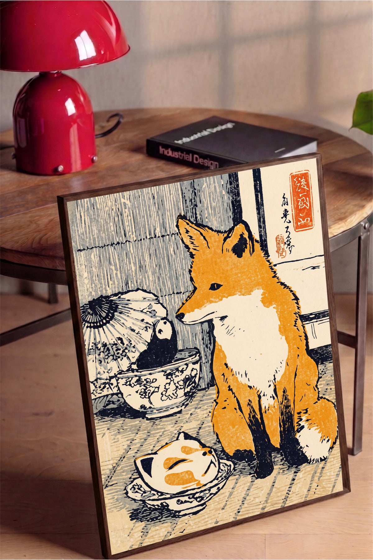 Tilki ve Panda Bebek Figürü Poster – Kahverengi Çerçeveli Tablo