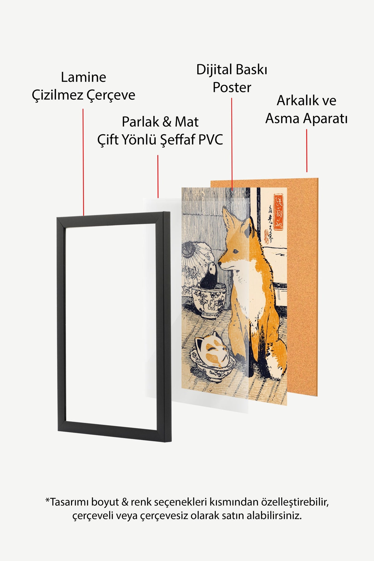 Tilki ve Panda Bebek Figürü Poster – Siyah Çerçeveli Tablo