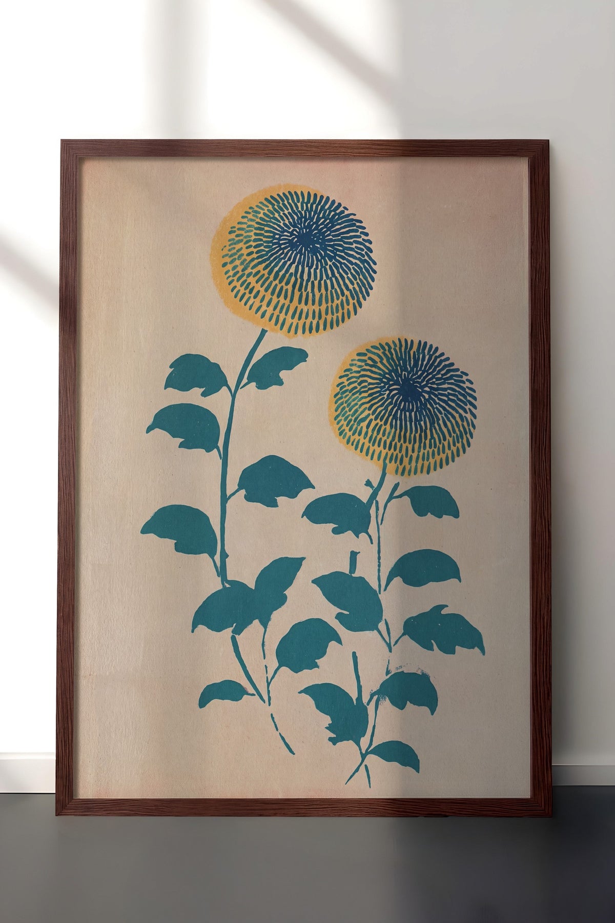 Mavi Sarı Papatya Çiçekleri Poster – Kahverengi Çerçeveli Tablo