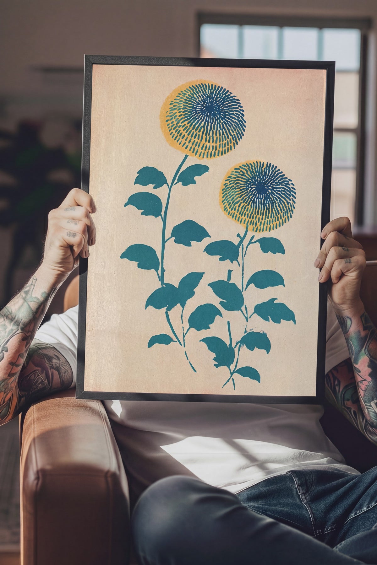 Mavi Sarı Papatya Çiçekleri Poster – Siyah Çerçeveli Tablo