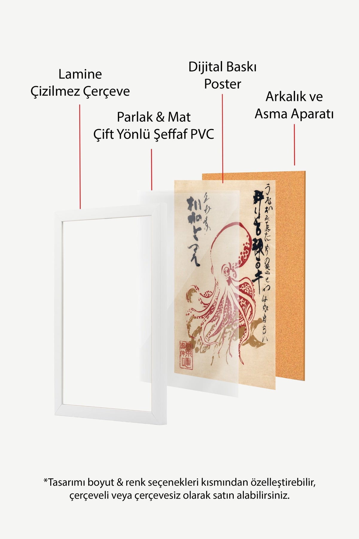 Ahtapot ve Japon Kaligrafisi Poster – Beyaz Çerçeveli Tablo