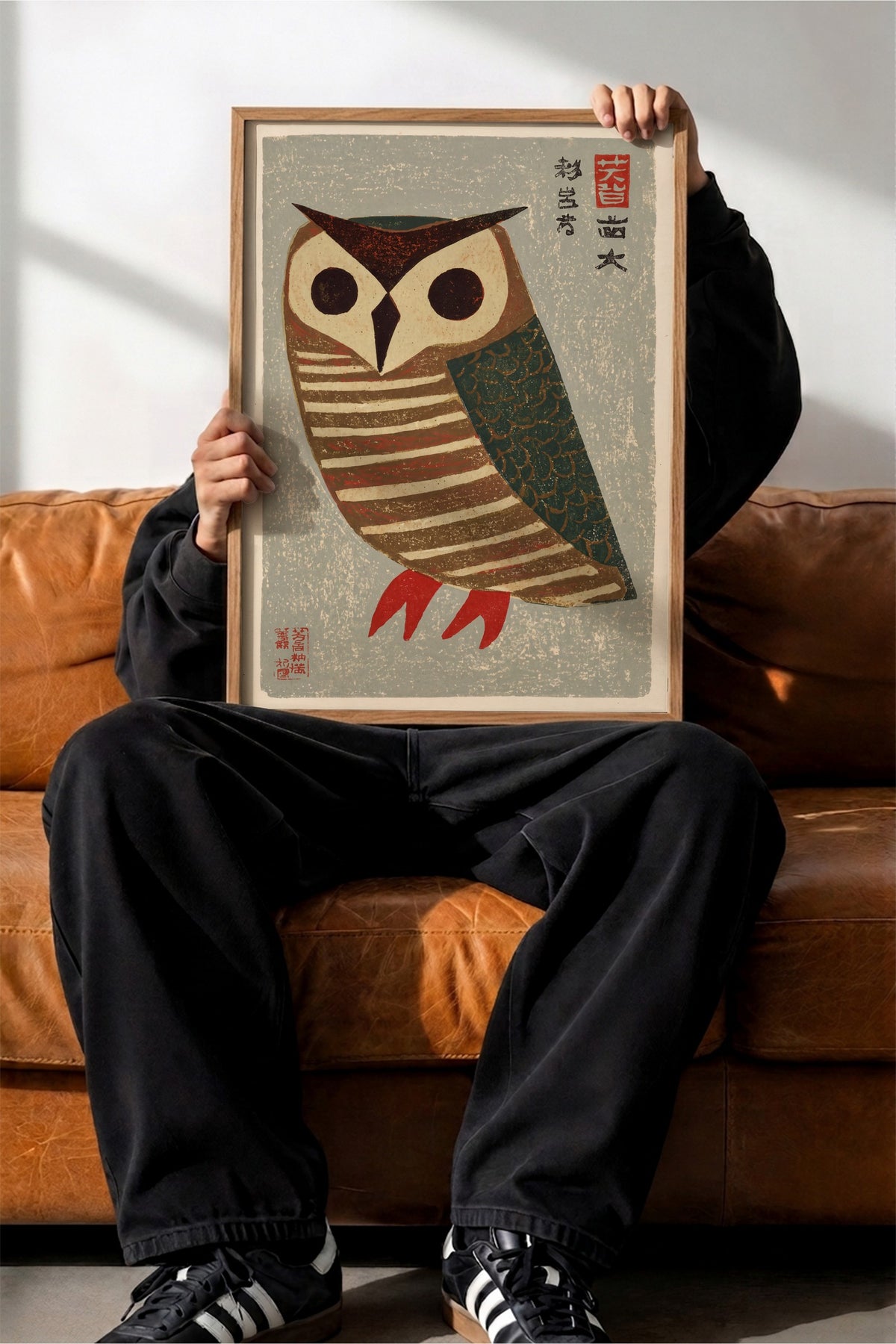 Japon Baykuşu İllüstrasyonu Poster – Ahşap Çerçeveli Tablo