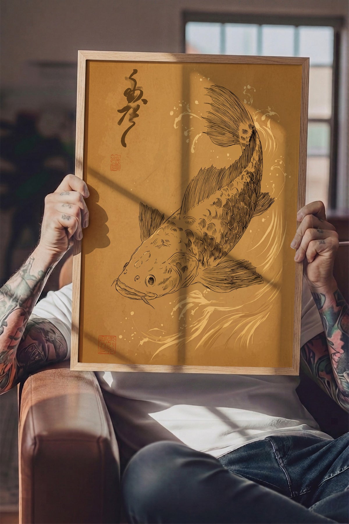 Sepya Koi Balığı Suluboya İllüstrasyonu Poster – Ahşap Çerçeveli Tablo
