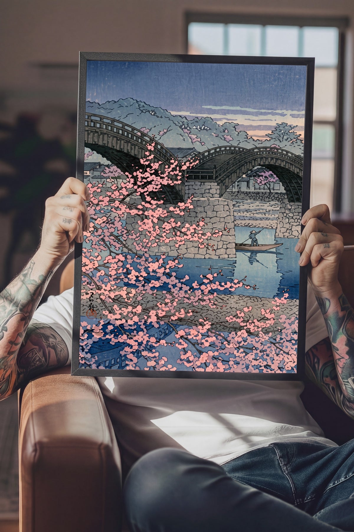 Kiraz Çiçekli Köprü Manzarası Poster – Siyah Çerçeveli Tablo