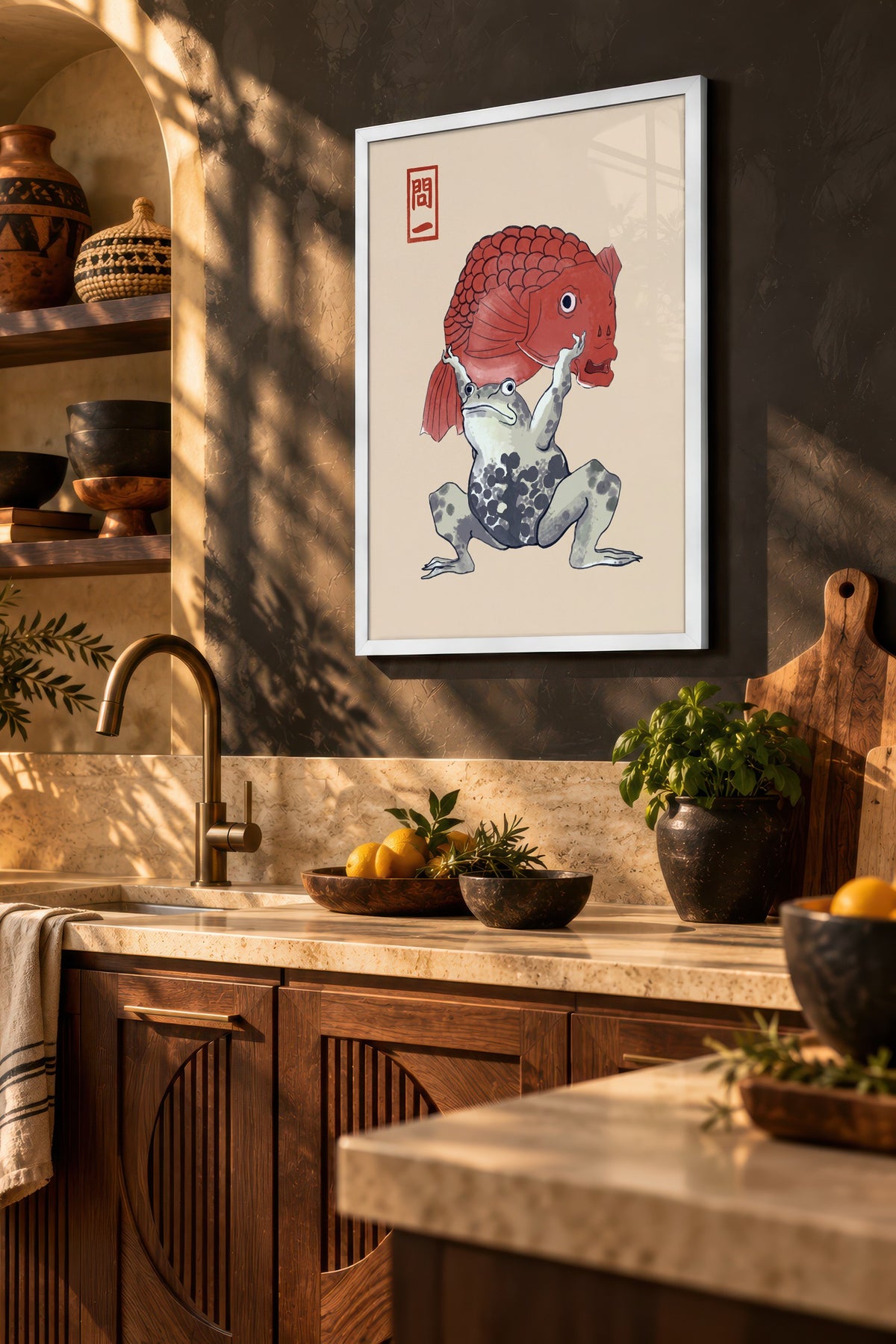 Kurbağa ve Japon Balığı Poster – Beyaz Çerçeveli Tablo