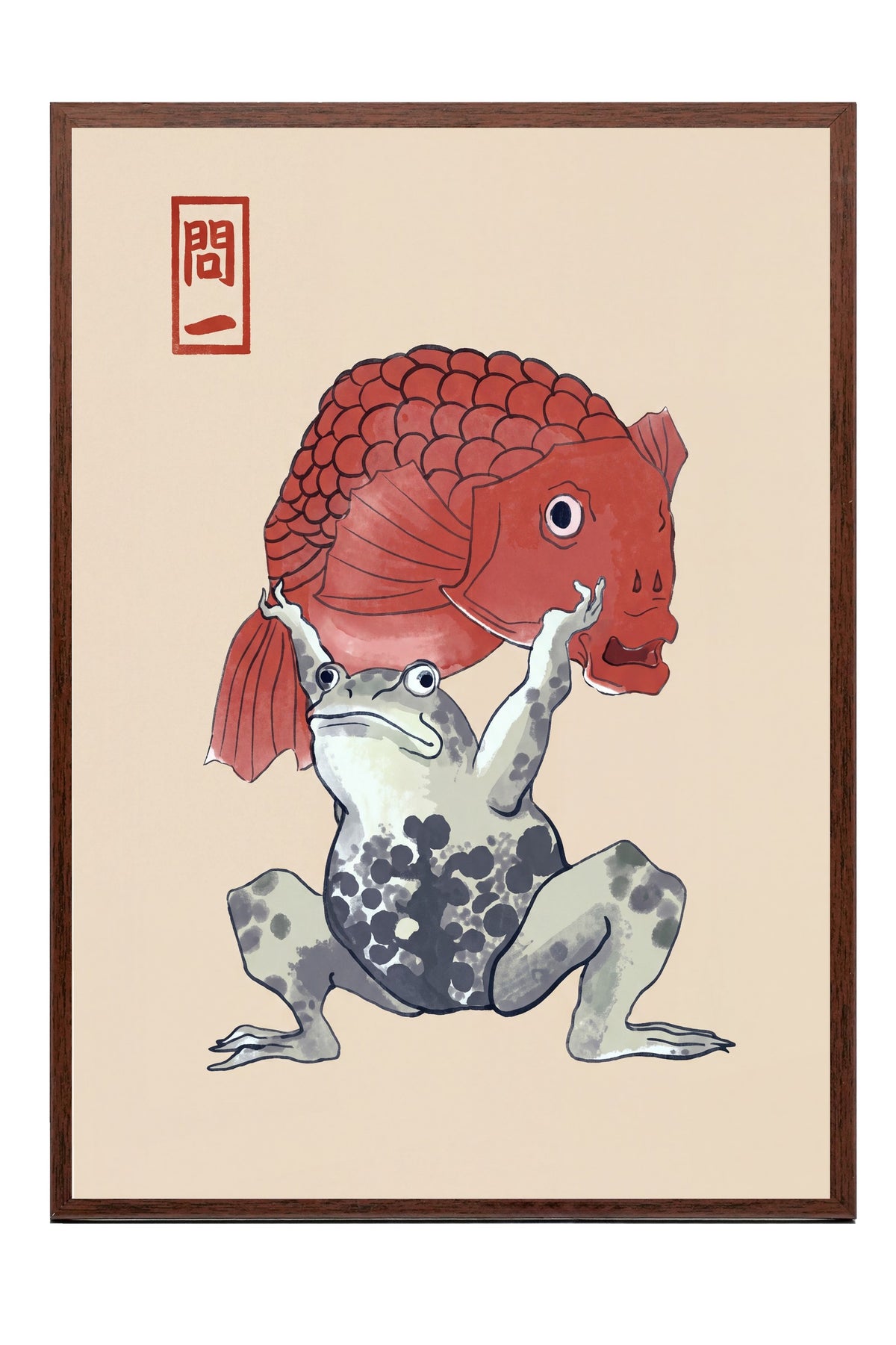 Kurbağa ve Japon Balığı Poster – Kahverengi Çerçeveli Tablo