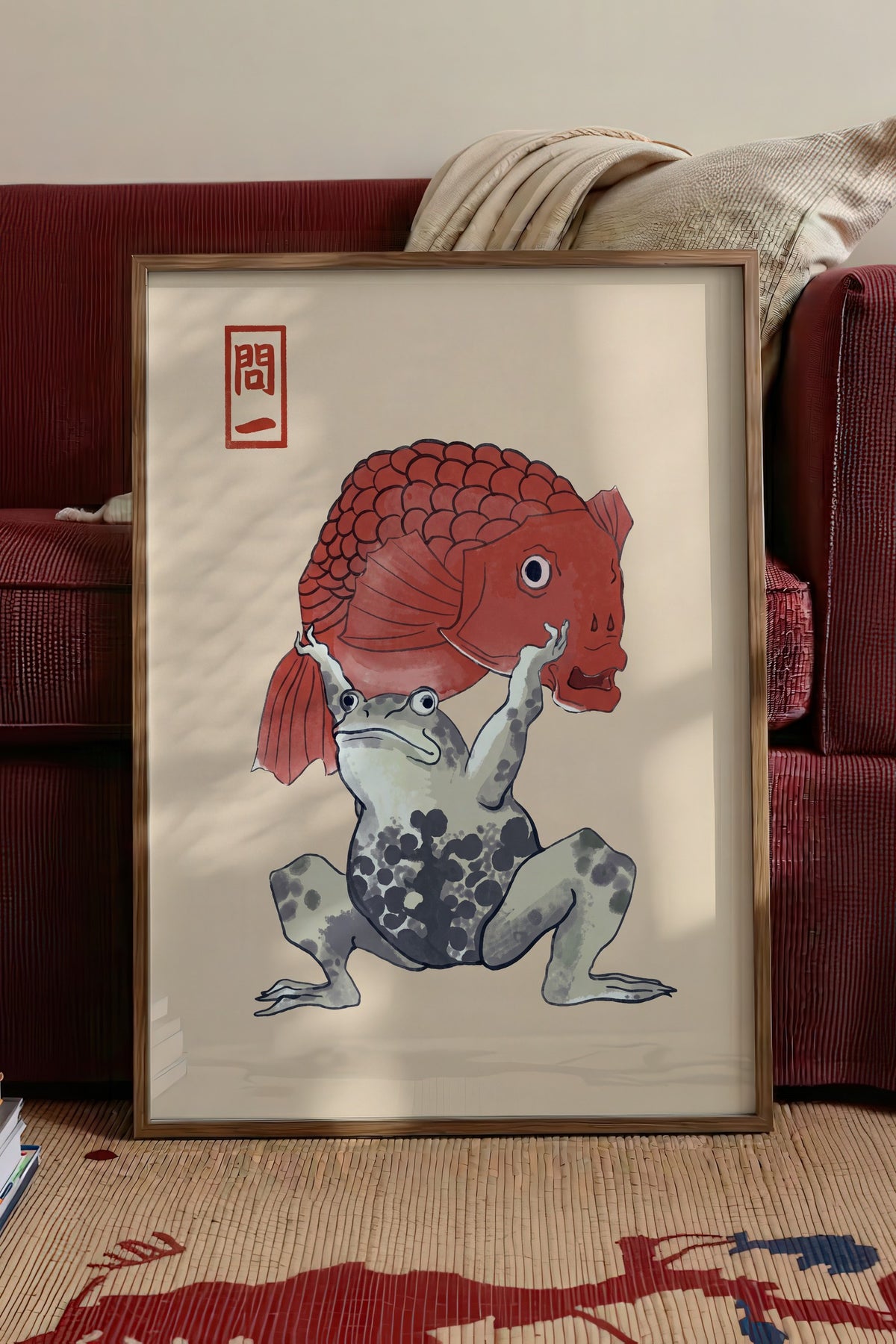 Kurbağa ve Japon Balığı Poster – Kahverengi Çerçeveli Tablo