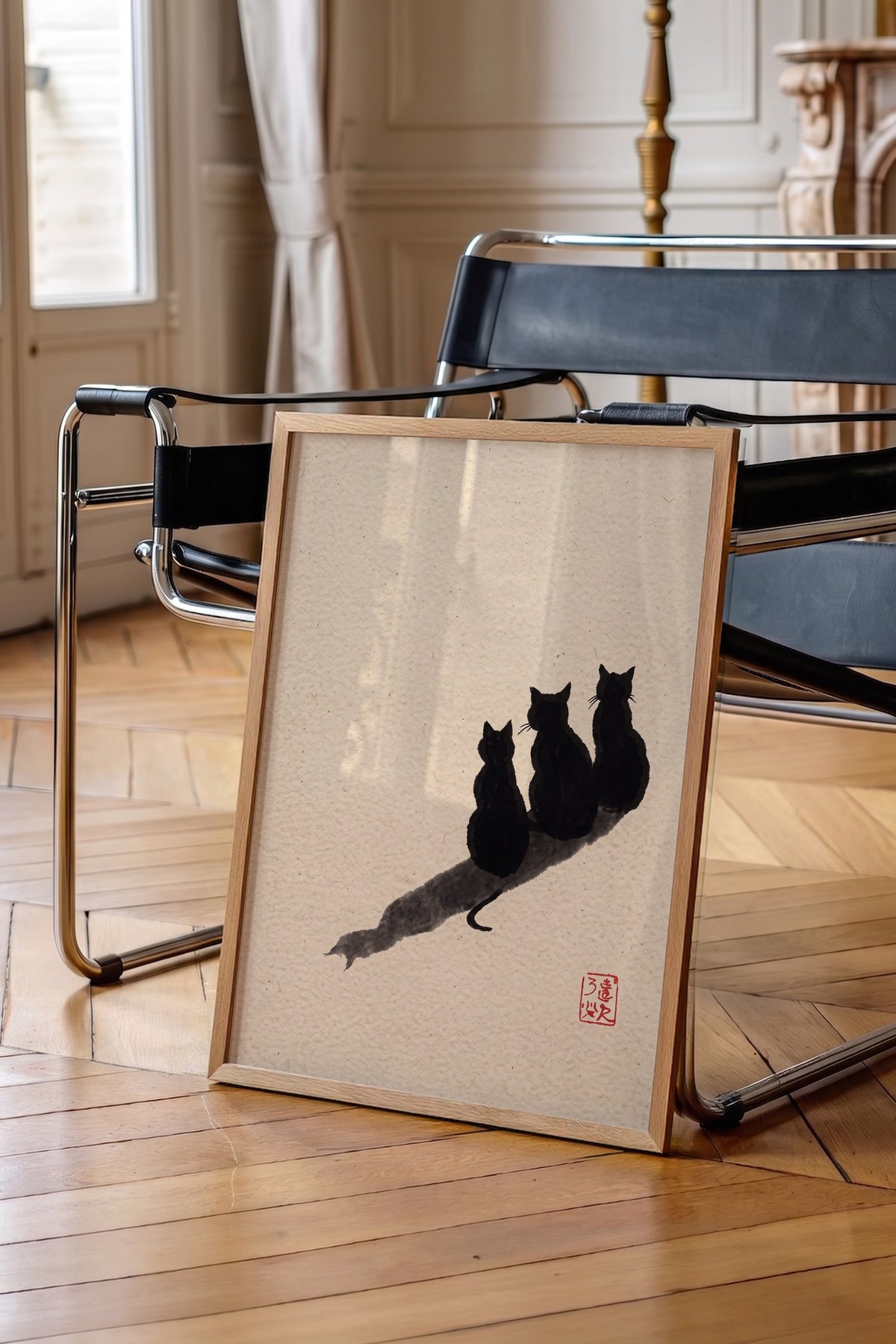Üç Kedi ve Gölgeleri Poster – Ahşap Çerçeveli Tablo