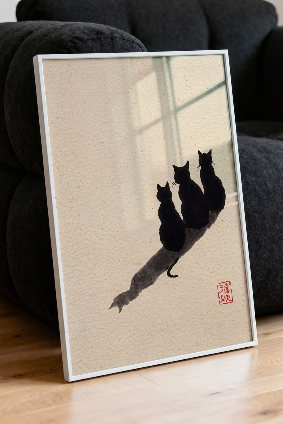 Üç Kedi ve Gölgeleri Poster – Beyaz Çerçeveli Tablo