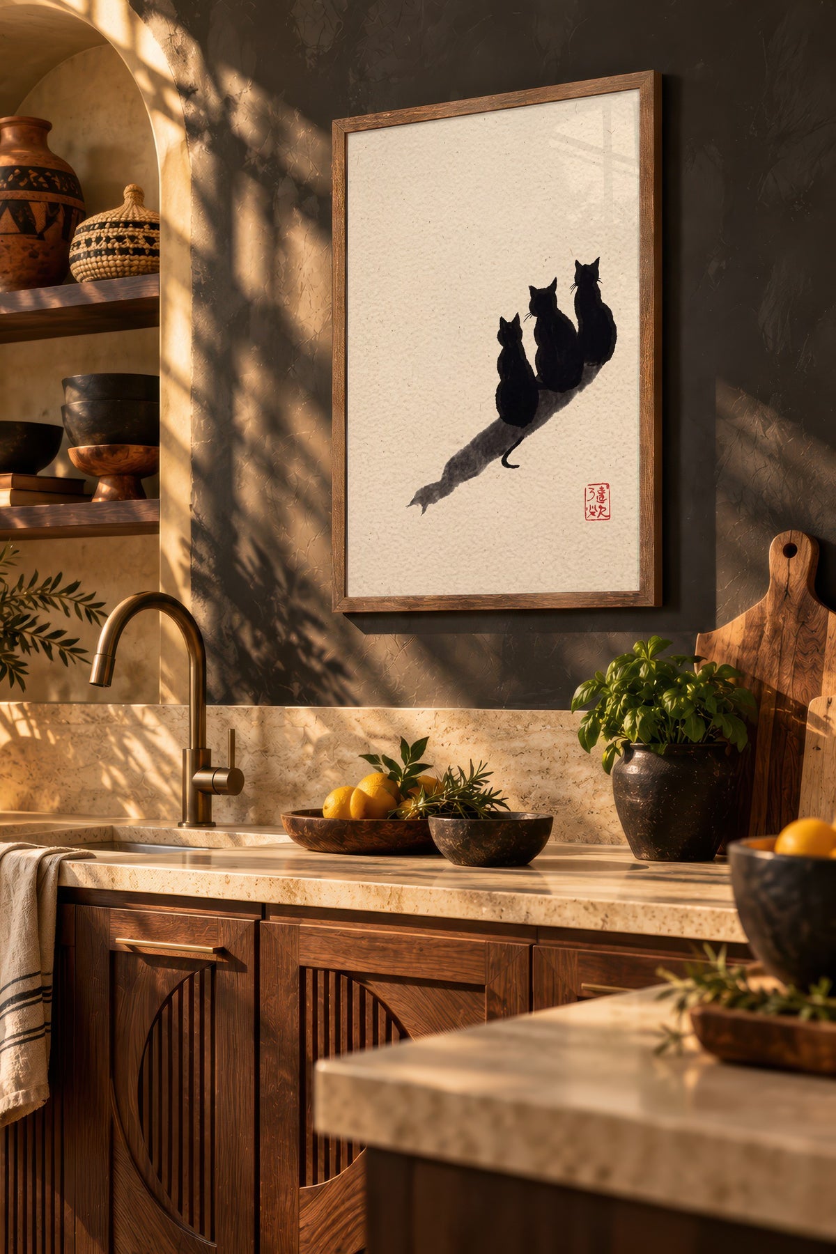 Üç Kedi ve Gölgeleri Poster – Kahverengi Çerçeveli Tablo
