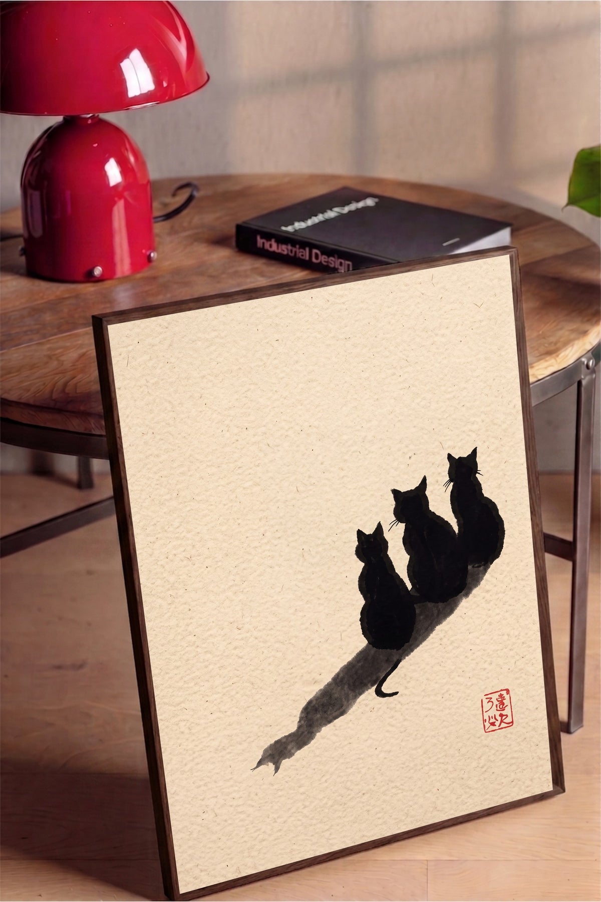 Üç Kedi ve Gölgeleri Poster – Kahverengi Çerçeveli Tablo