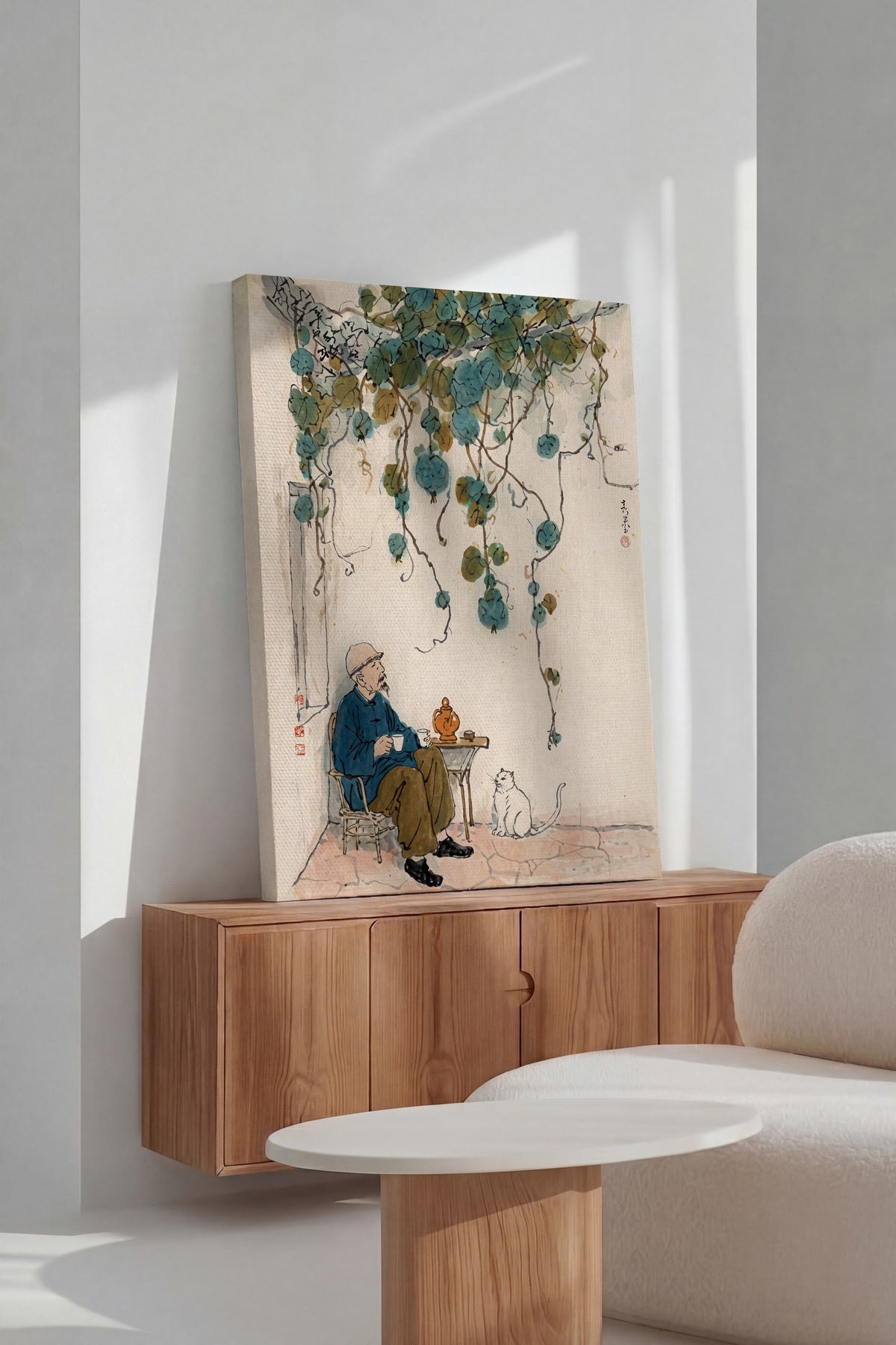 Çay İçen Adam ve Kedi Kanvas Tablo