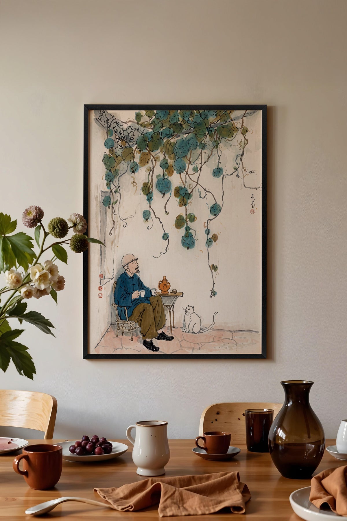 Asma Yaprakları Altında Çay Keyfi Poster – Siyah Çerçeveli Tablo