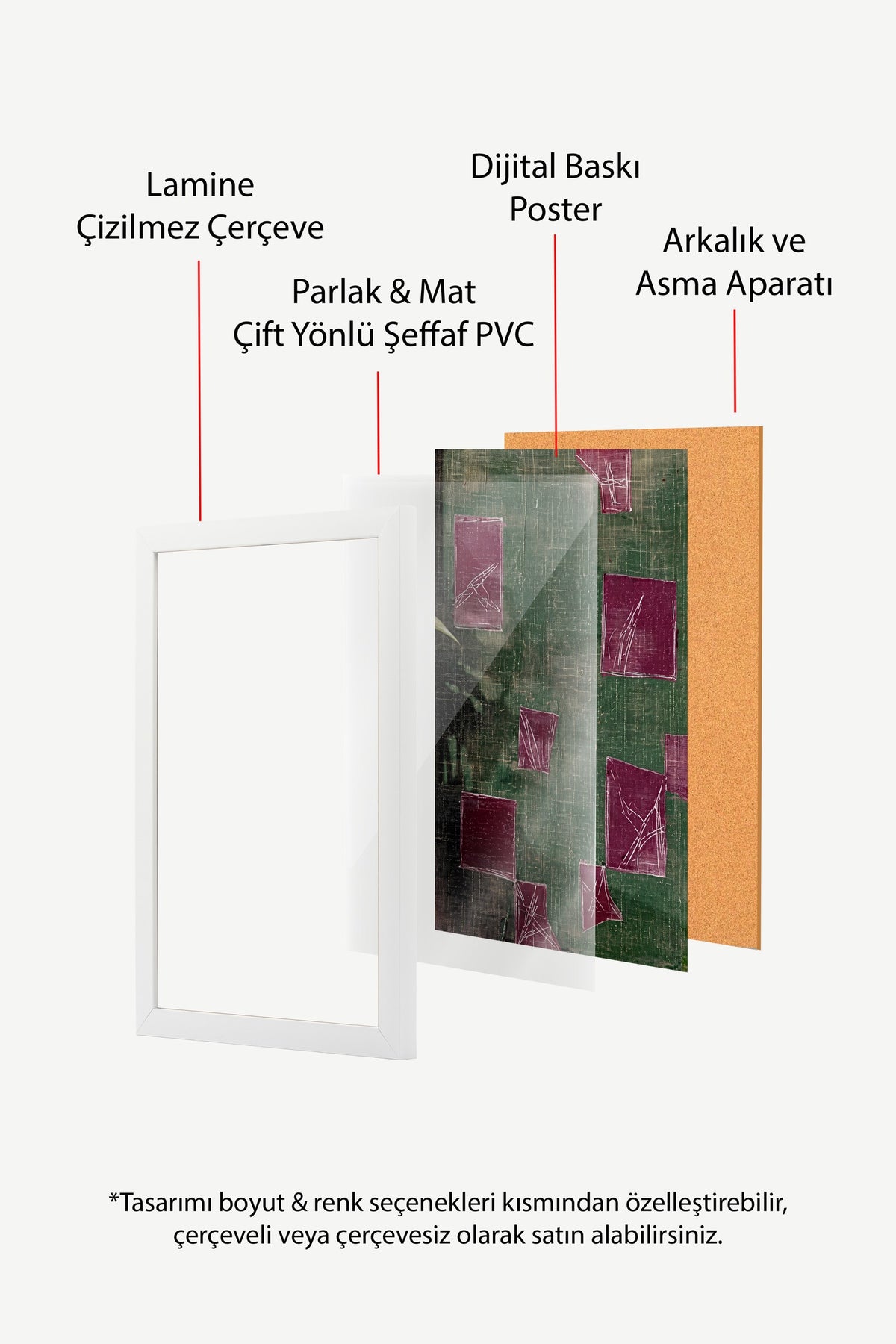 Bordo Kareler ve Dokulu Yeşil Yüzey Poster – Beyaz Çerçeveli Tablo