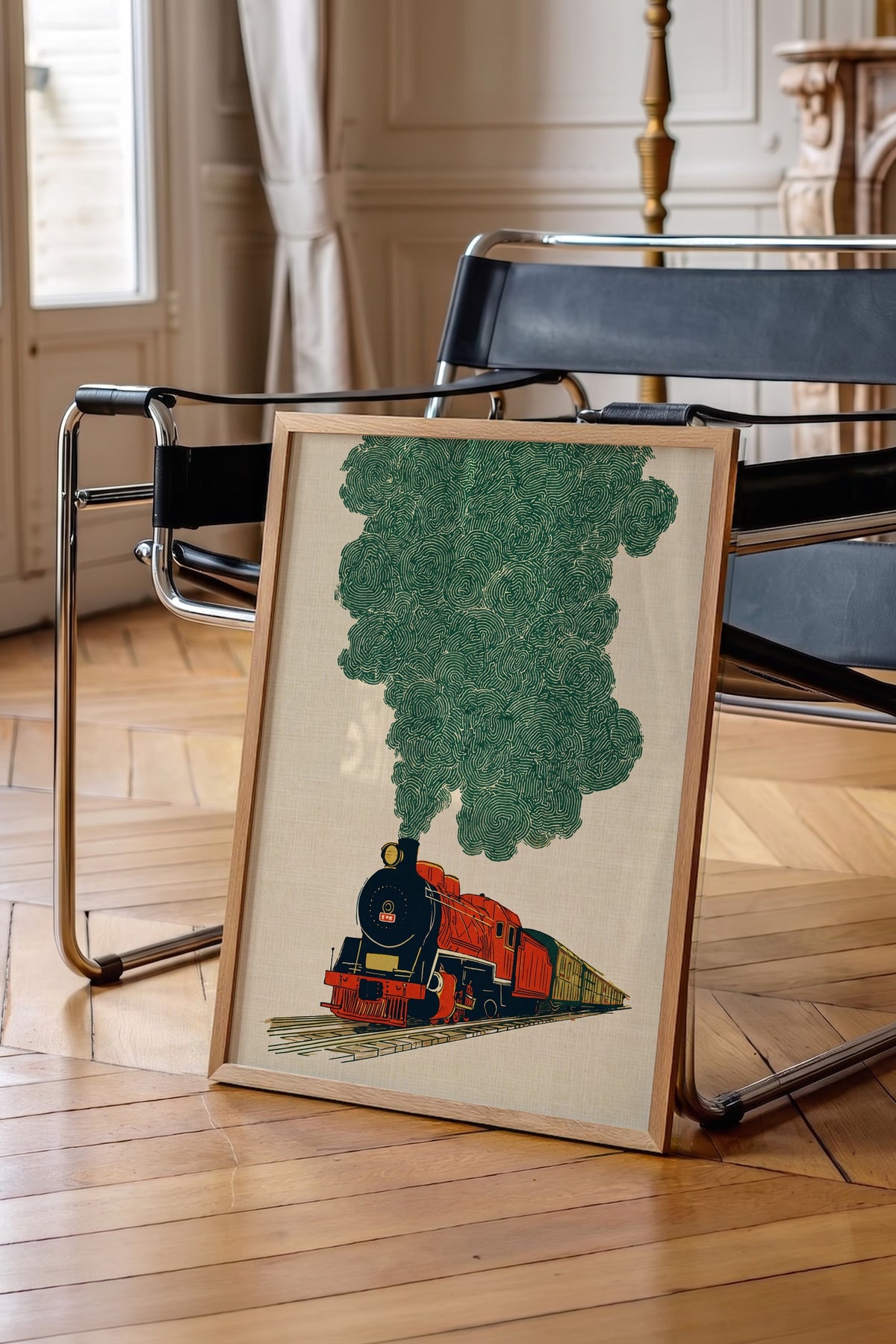 Buharlı Lokomotif ve Yeşil Duman Poster – Ahşap Çerçeveli Tablo