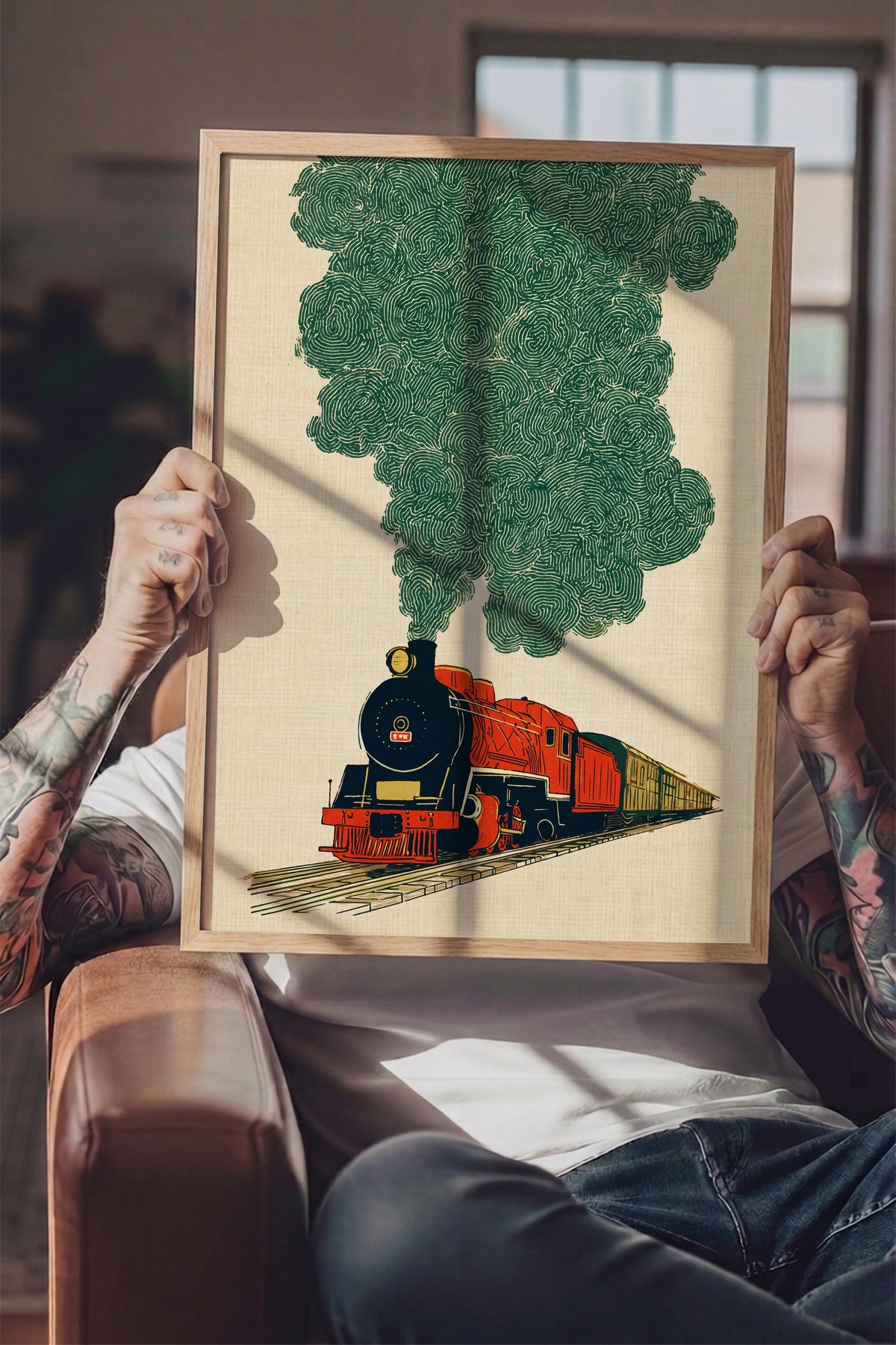 Buharlı Lokomotif ve Yeşil Duman Poster – Ahşap Çerçeveli Tablo