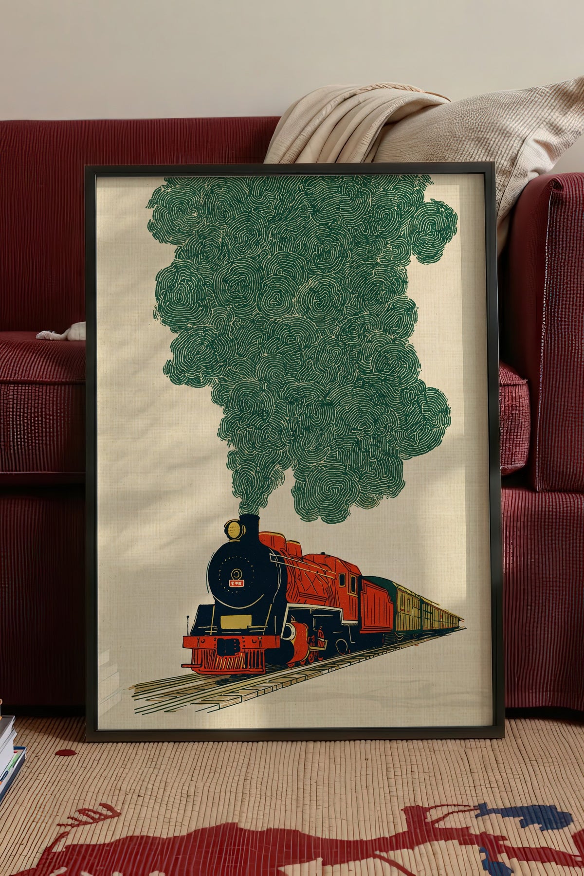 Buharlı Lokomotif ve Yeşil Duman Poster – Siyah Çerçeveli Tablo