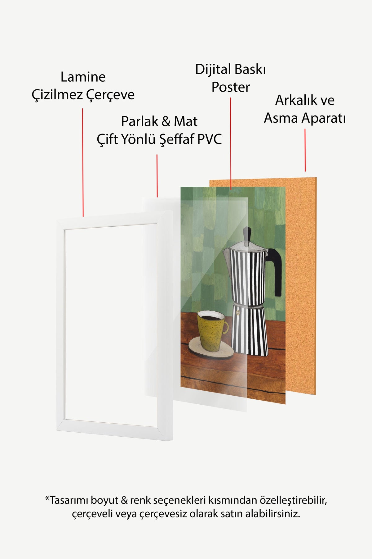 Çizgili Moka Cezve ve Kahve Fincanı Poster – Beyaz Çerçeveli Tablo