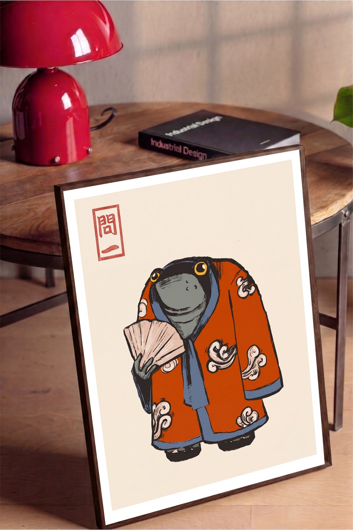 Kimonolu Kurbağa Poster – Kahverengi Çerçeveli Tablo