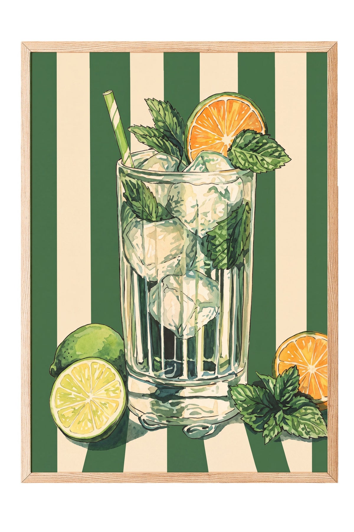 Nane Yapraklı Mojito İllüstrasyonu Poster – Ahşap Çerçeveli Tablo