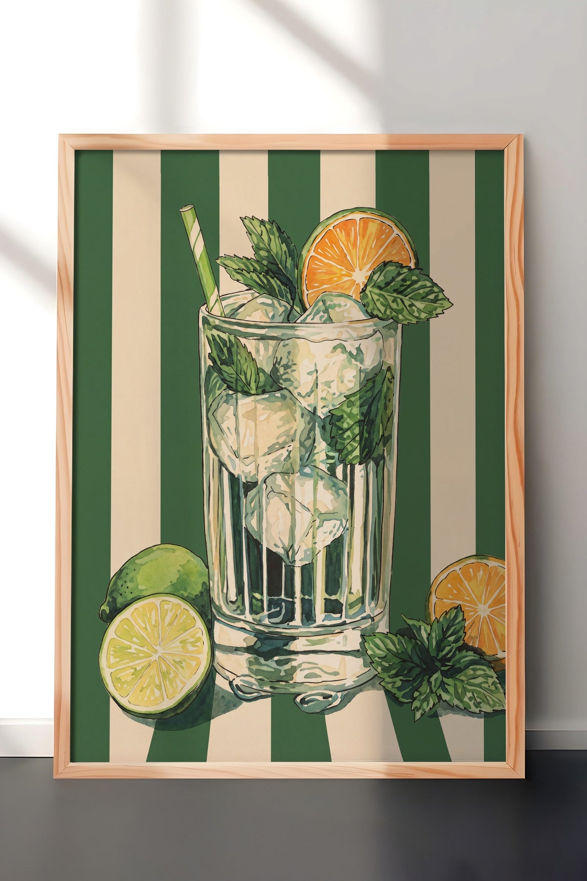 Nane Yapraklı Mojito İllüstrasyonu Poster – Ahşap Çerçeveli Tablo