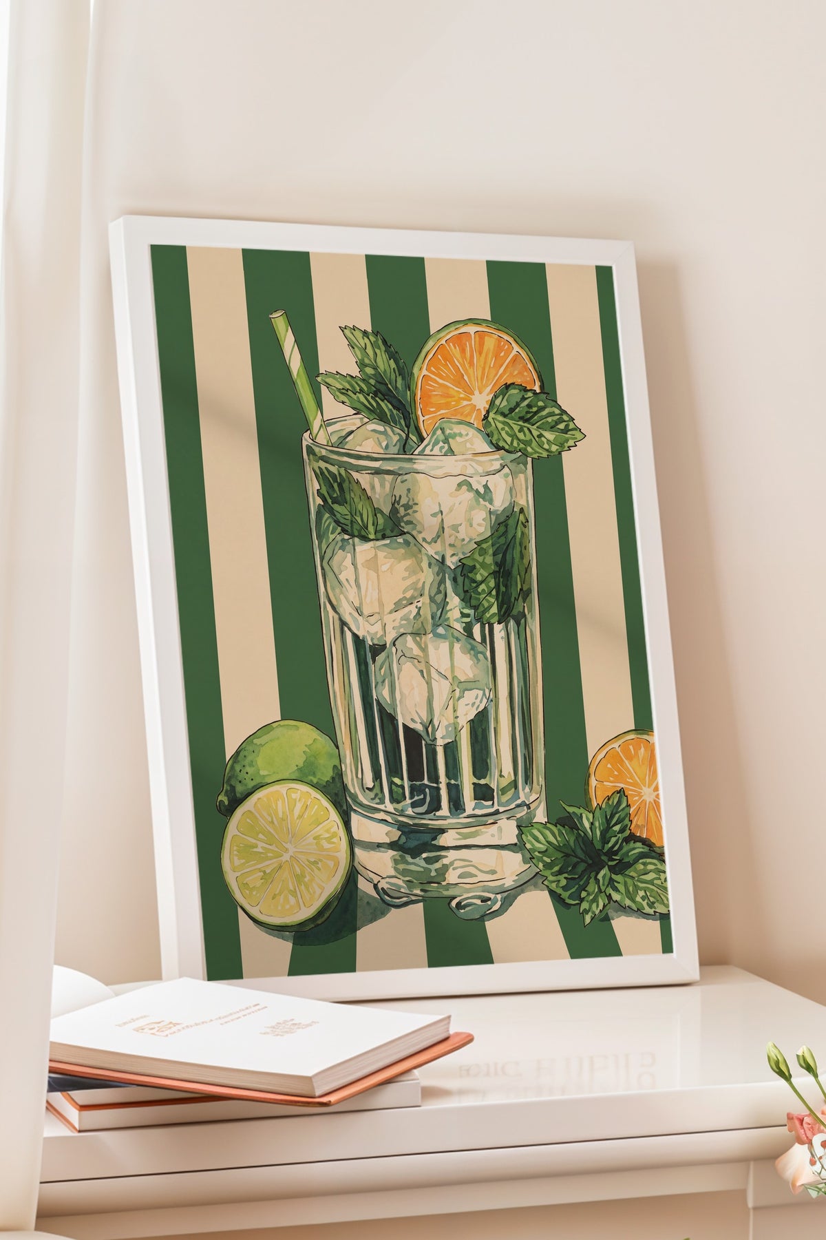 Nane Yapraklı Mojito İllüstrasyonu Poster – Beyaz Çerçeveli Tablo