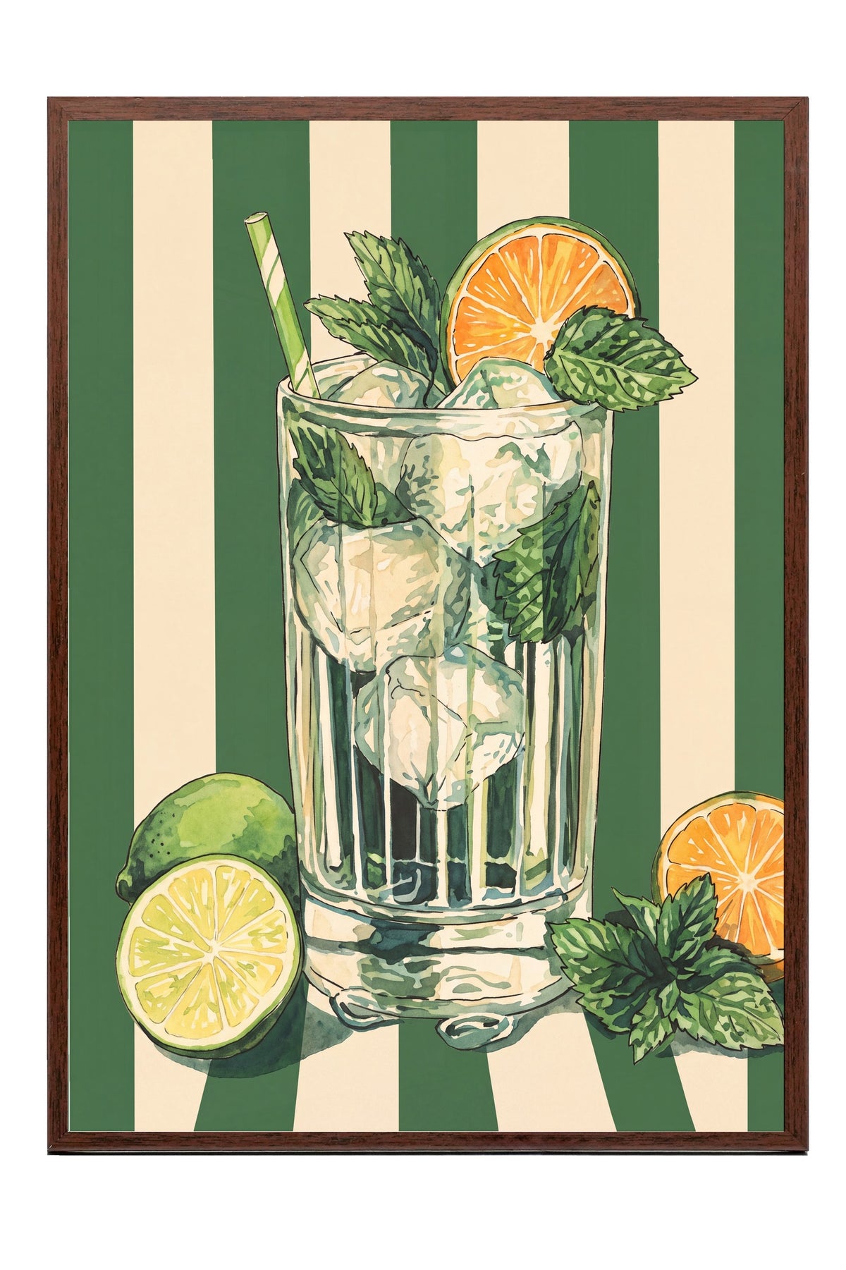 Nane Yapraklı Mojito İllüstrasyonu Poster – Kahverengi Çerçeveli Tablo