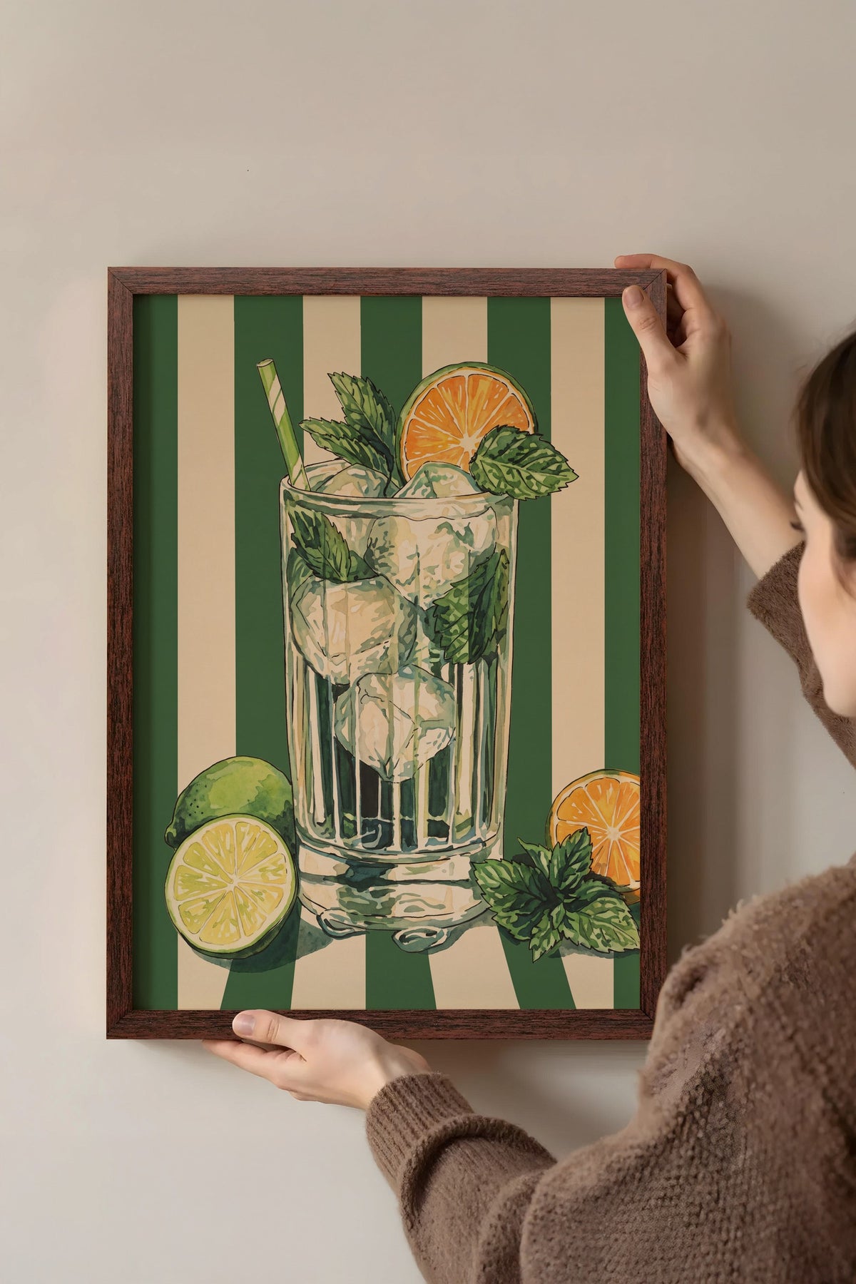 Nane Yapraklı Mojito İllüstrasyonu Poster – Kahverengi Çerçeveli Tablo