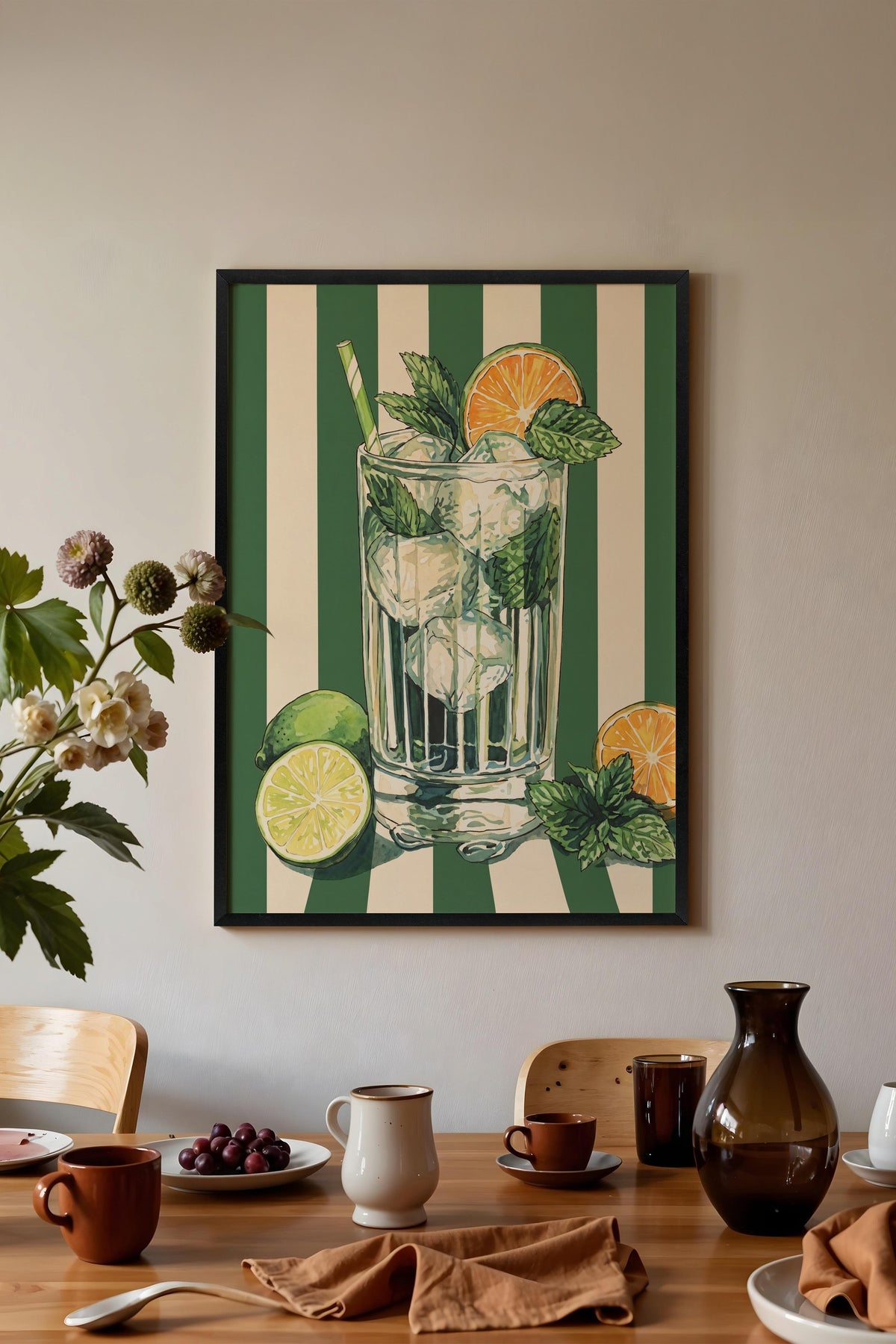 Nane Yapraklı Mojito İllüstrasyonu Poster – Siyah Çerçeveli Tablo